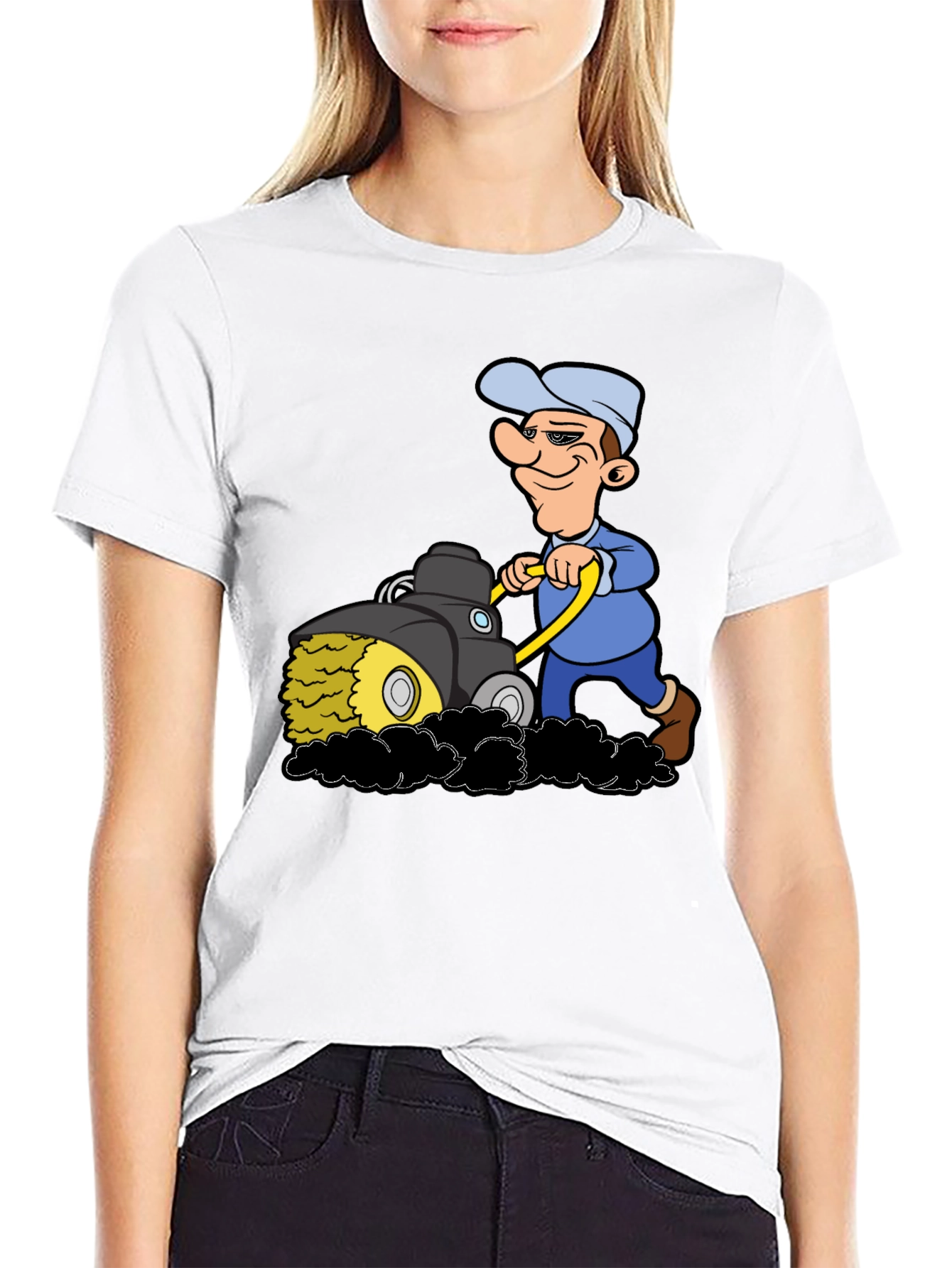 Black Cartoon Lawn Mower T-Shirt view 9