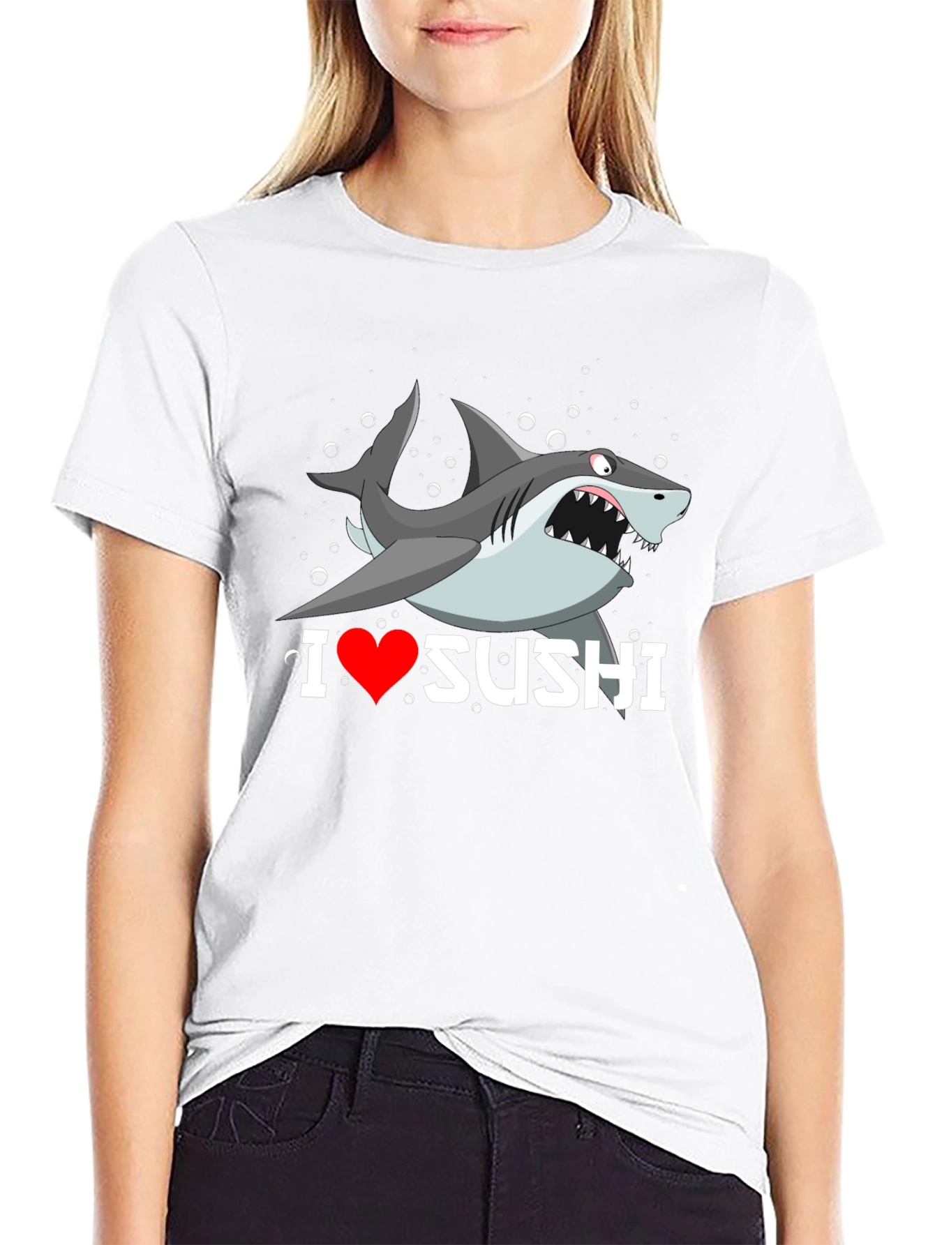 Black I Heart Sushi Shark Graphic T-Shirt view 9