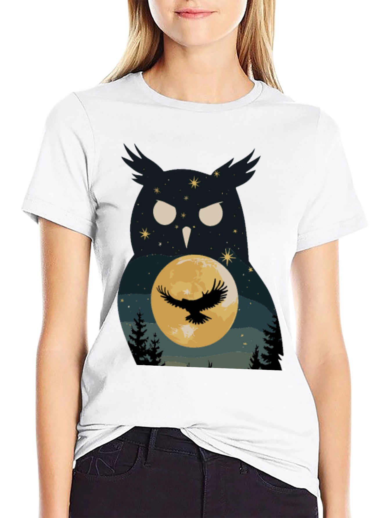 Black Owl & Moon Graphic Tee - Night Sky Black T-Shirt view 9