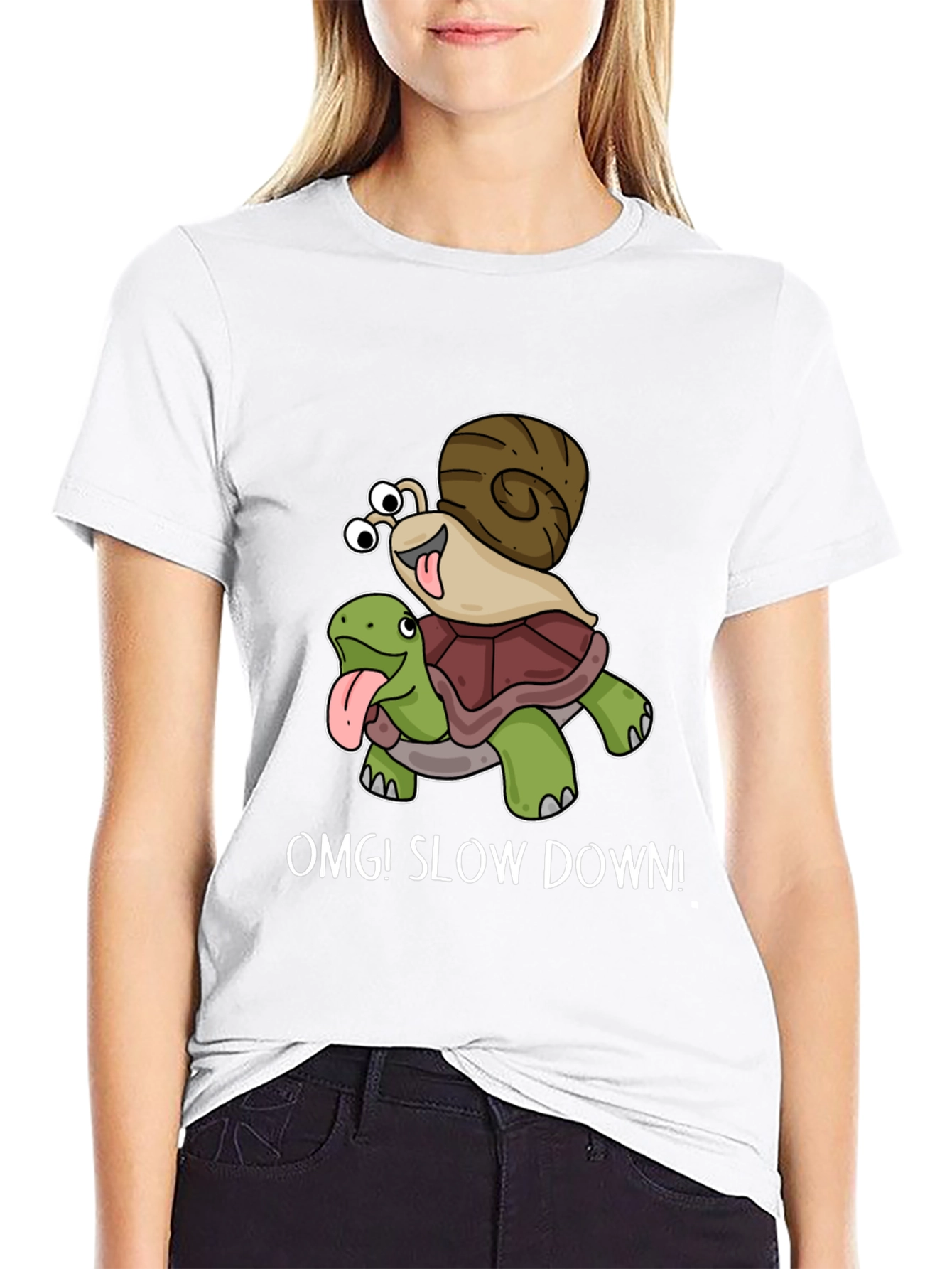 Black OMG! Slow Down T-Shirt Snail Riding Turtle view 9