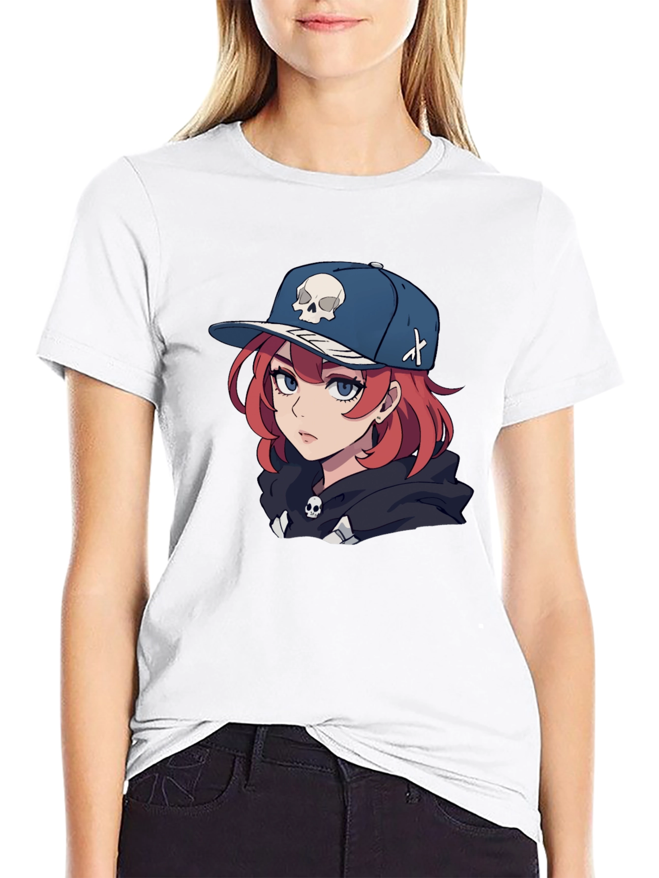 Black Anime Girl Skull Hat Graphic Black T-Shirt view 9