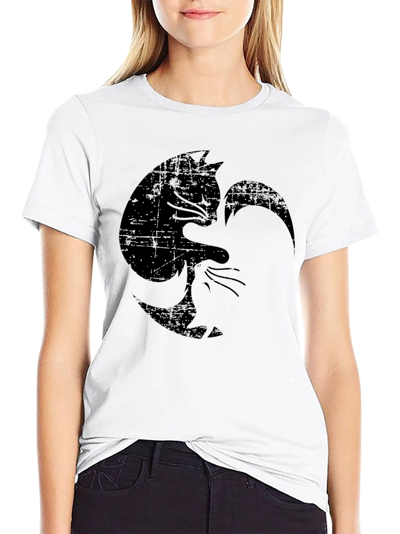 Black Distressed Yin Yang Cat Graphic Tee view 9