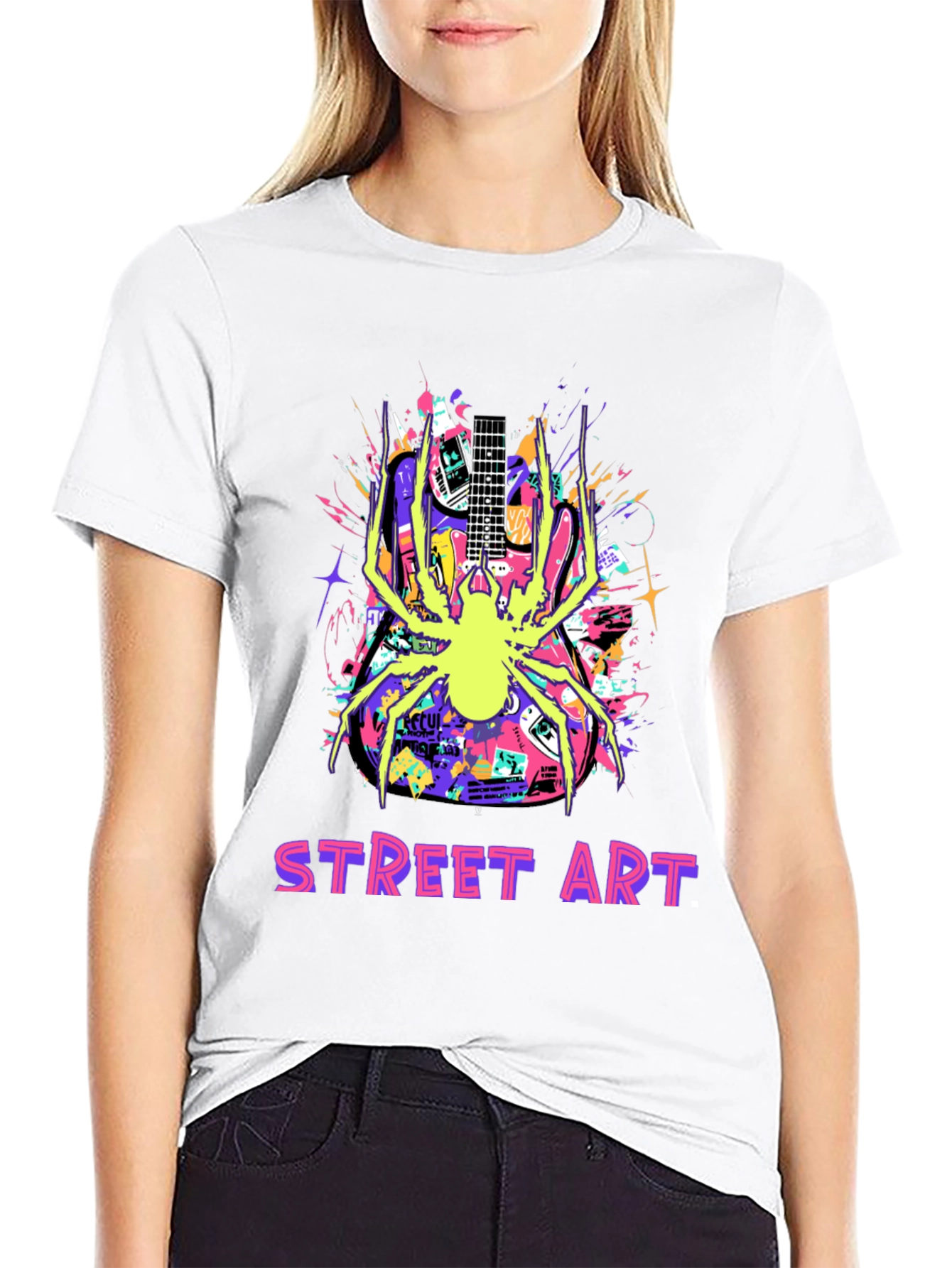 Black Street Art Guitar Spider Graphic T-Shirt view 9