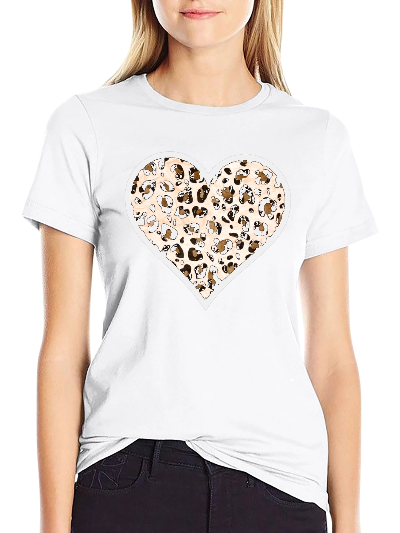 Black Leopard Print Heart Graphic Black Tee Shirt view 9