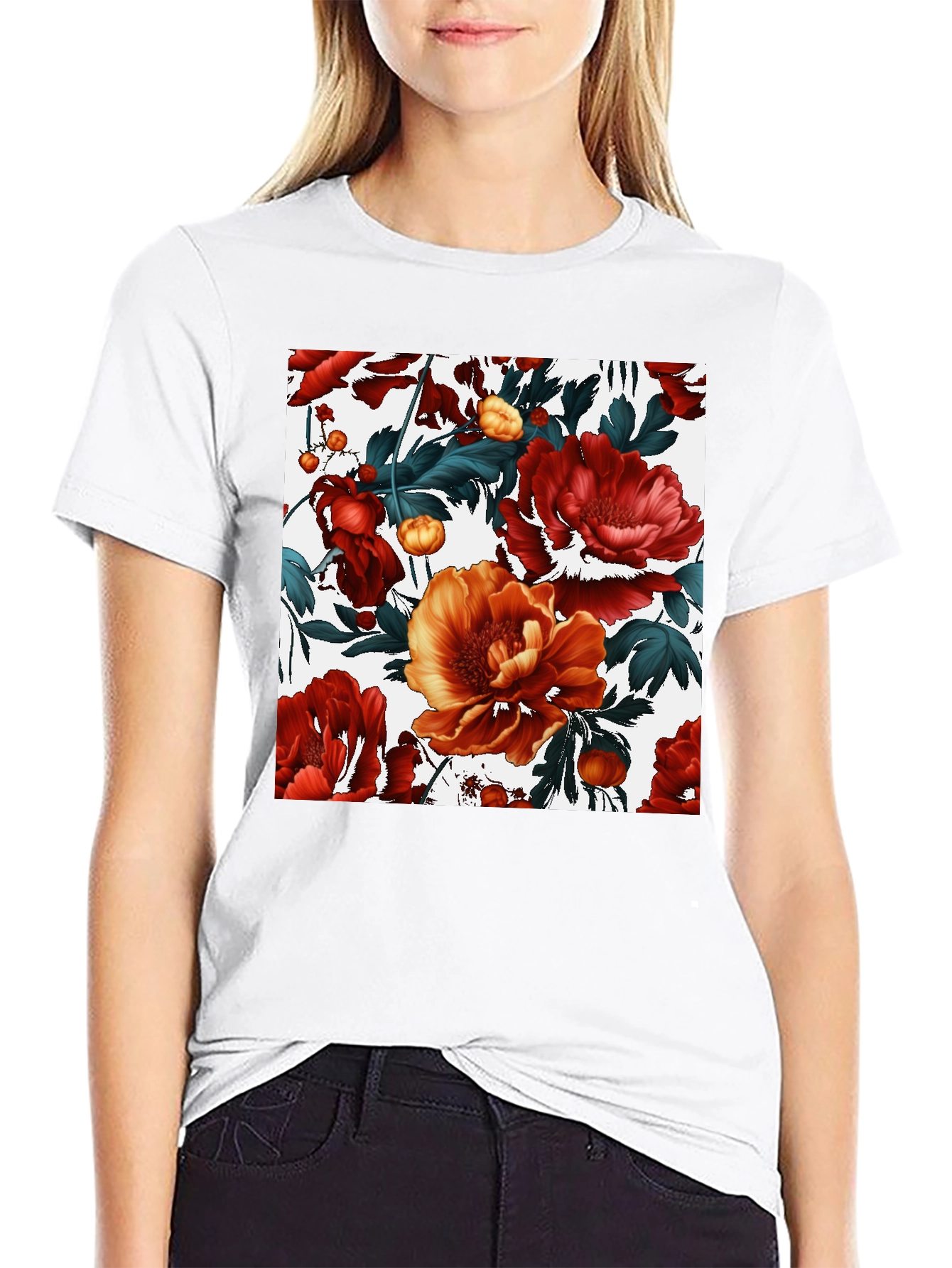 Black Floral Print Black Crew Neck T-Shirt view 9