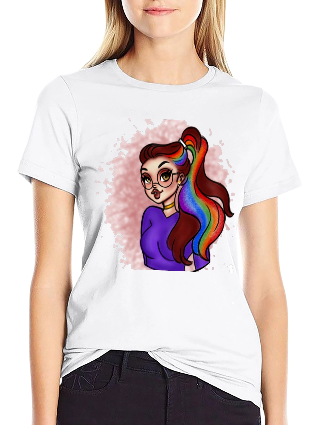 Black Rainbow Hair Cartoon Graphic T-Shirt view 9