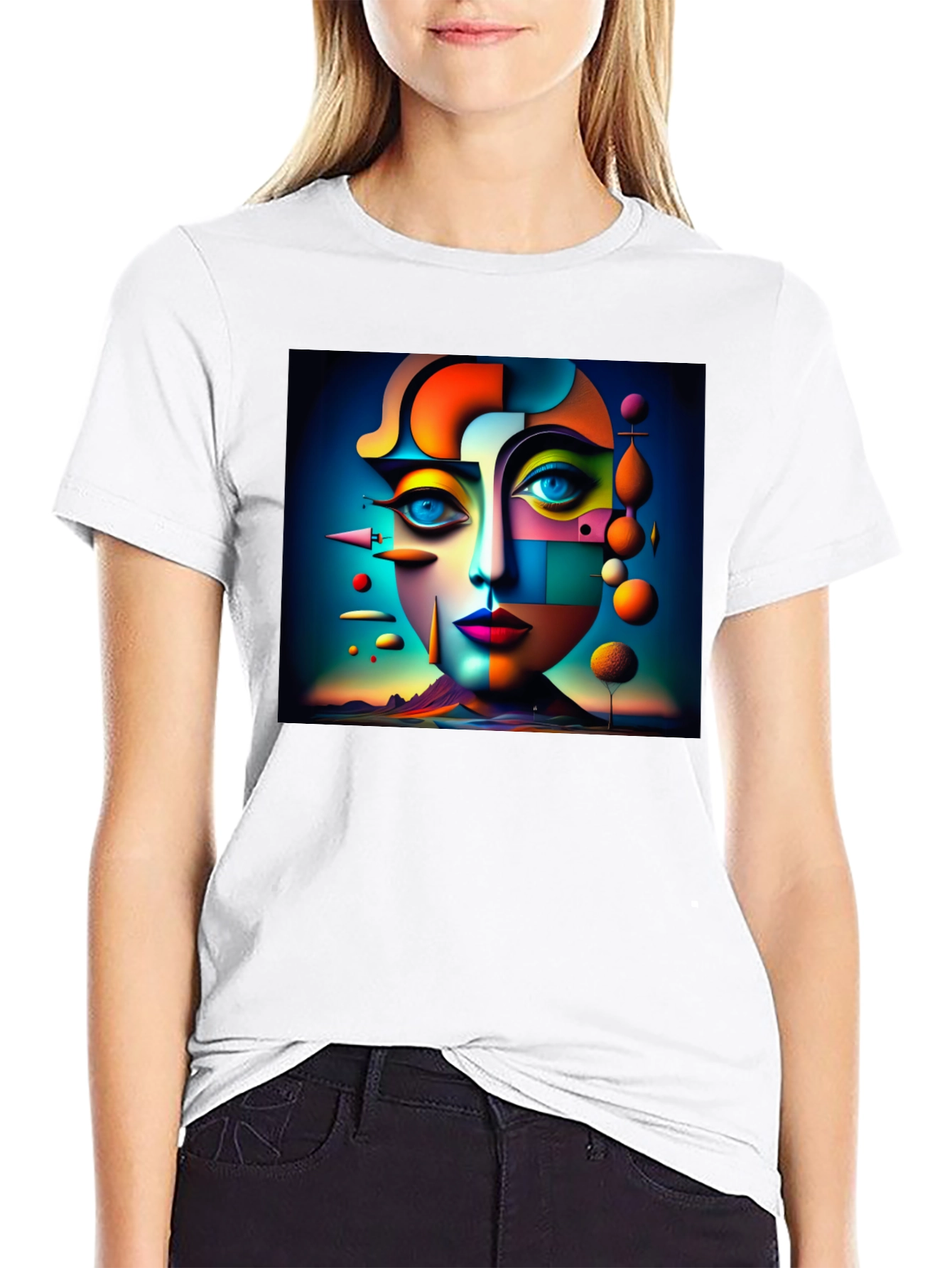 Black Abstract Geometric Face Art Black T-Shirt view 9