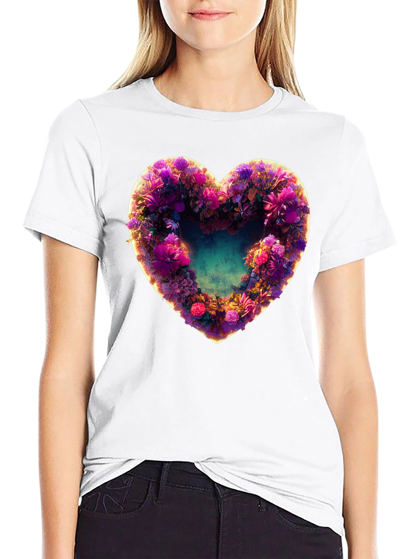 Black Floral Heart Graphic Black T-Shirt view 9