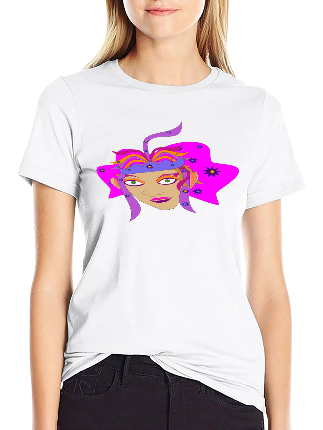 Black Funky Graphic Tee: Colorful Face Design view 9