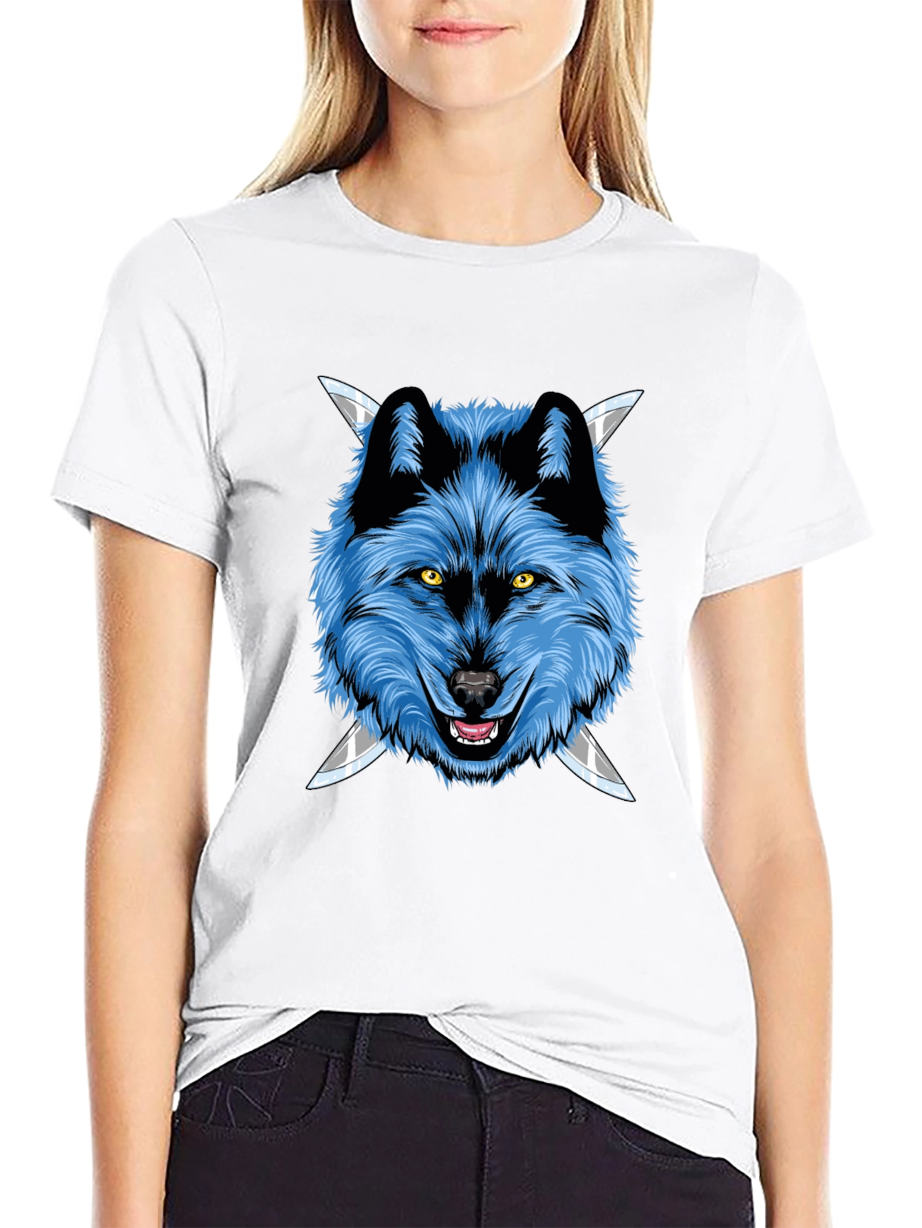 Black Wolf Graphic Tee: Fierce Blue Wolf with Knives view 9