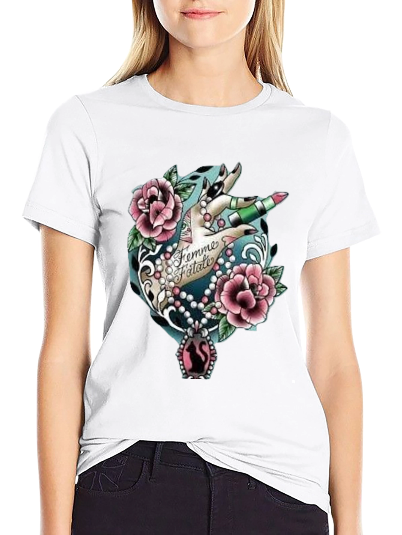 Black Femme Fatale Graphic T-Shirt - Roses & Lipstick Design view 9