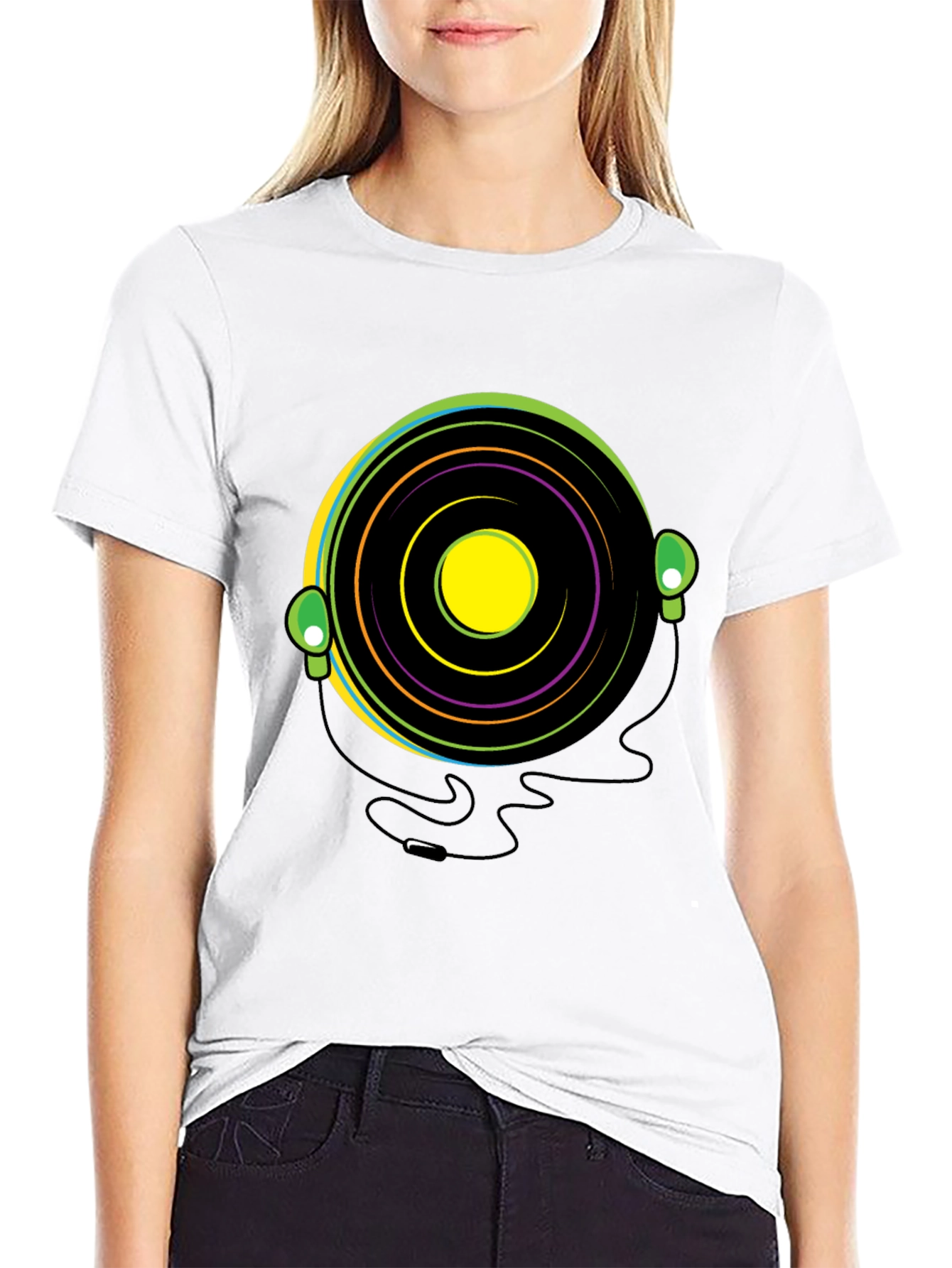 Black Groovy Vinyl Record Headphone T-Shirt view 9