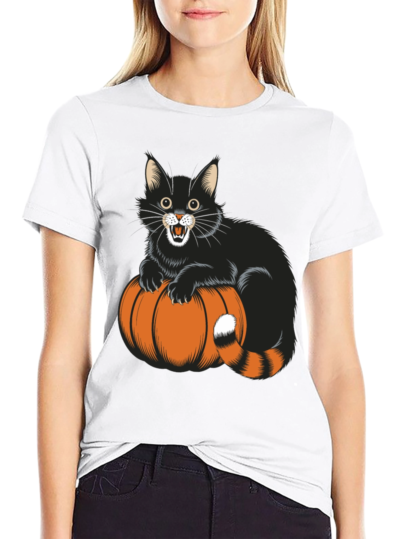 Black Halloween Cat & Pumpkin Black T-Shirt view 9