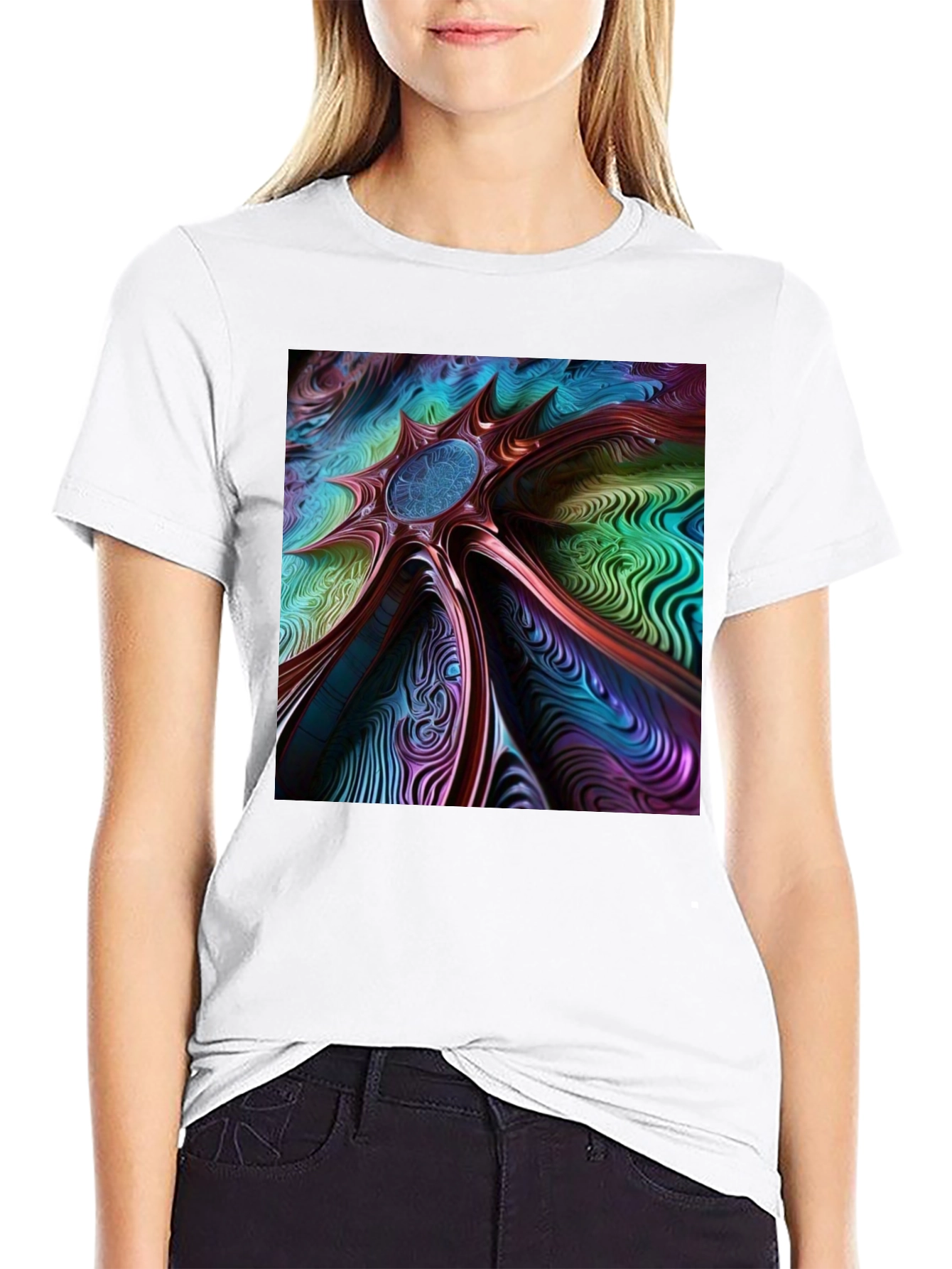Black Abstract Art Tee: Colorful Vortex Design view 9