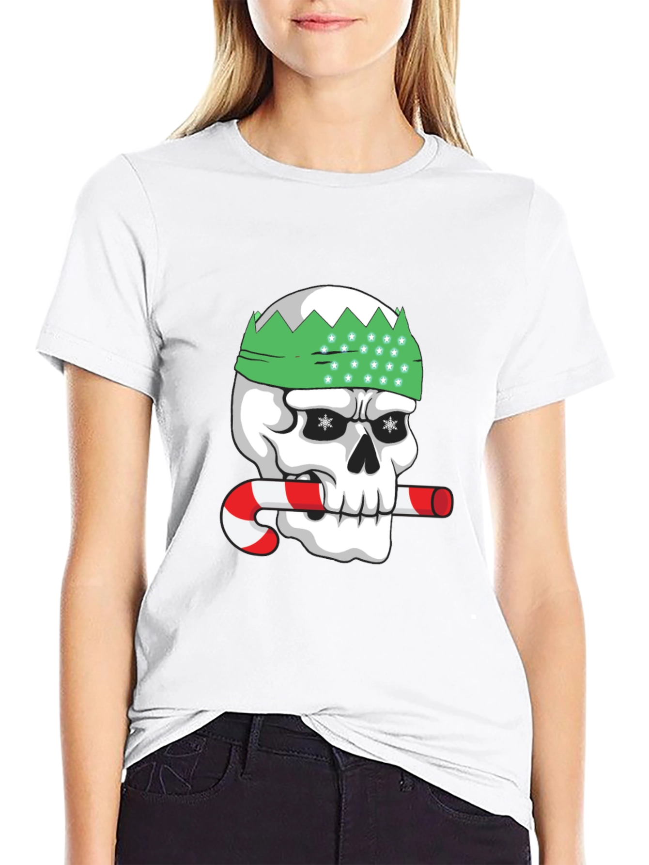 Black Festive Skull Graphic Tee - Holiday Humor view 9