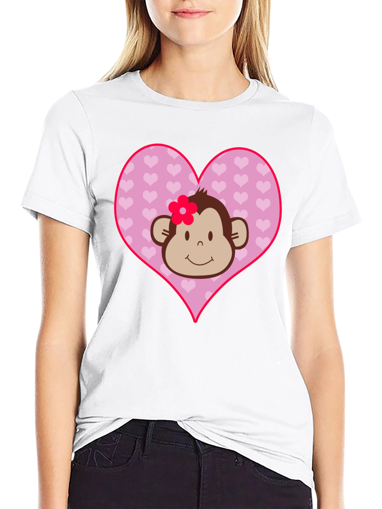 Black Cute Monkey Heart Graphic Tee - Black Cotton Shirt view 9