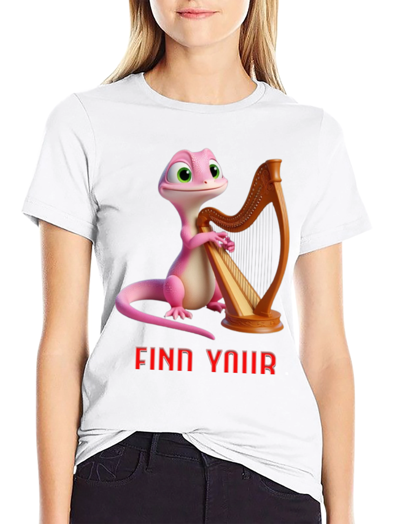 Black Whimsical Gecko Harpist Graphic Tee view 9