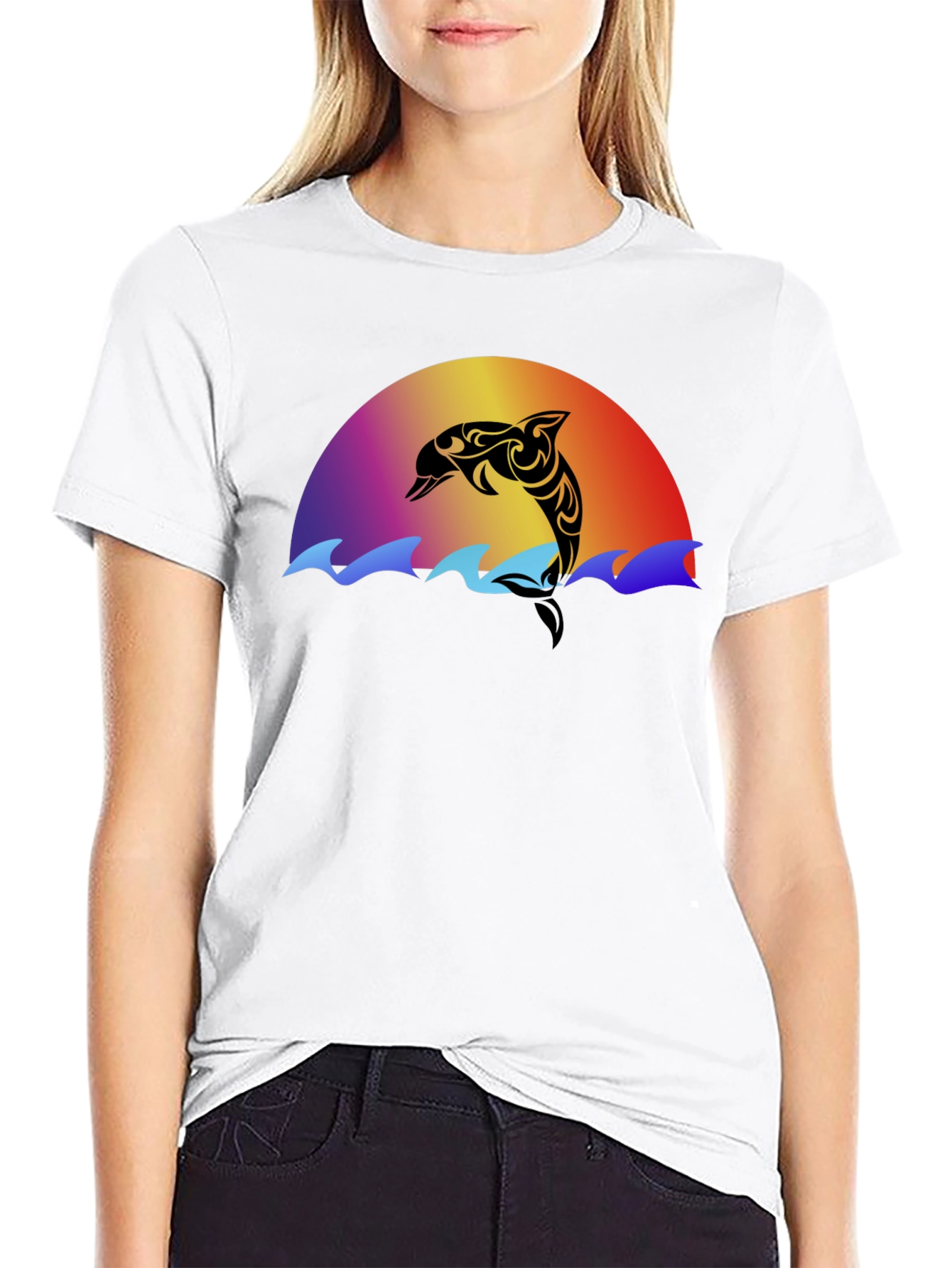 Black Tribal Dolphin Sunset Graphic T-Shirt view 9