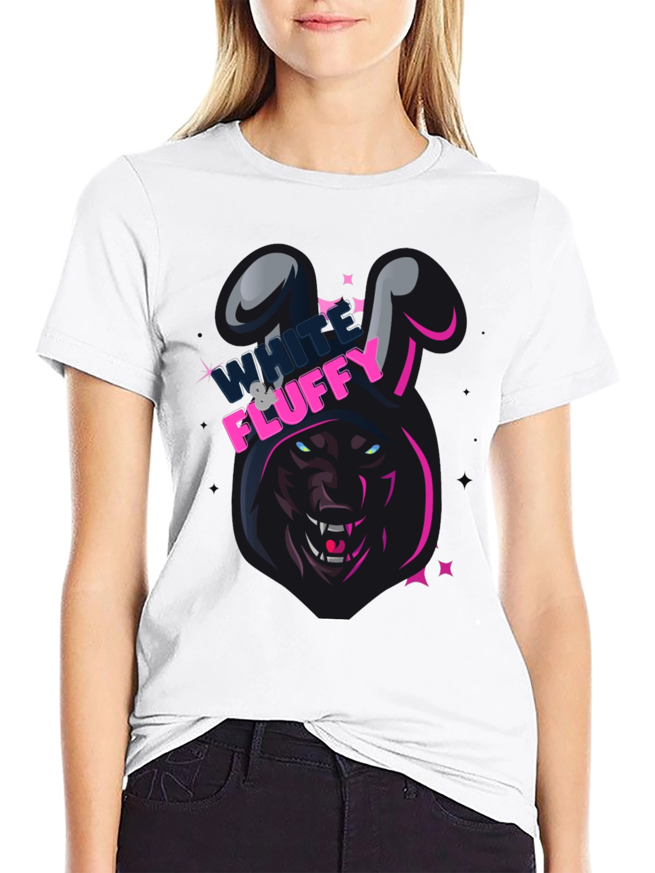 Black White & Fluffy Wolf in Bunny Costume T-Shirt view 9