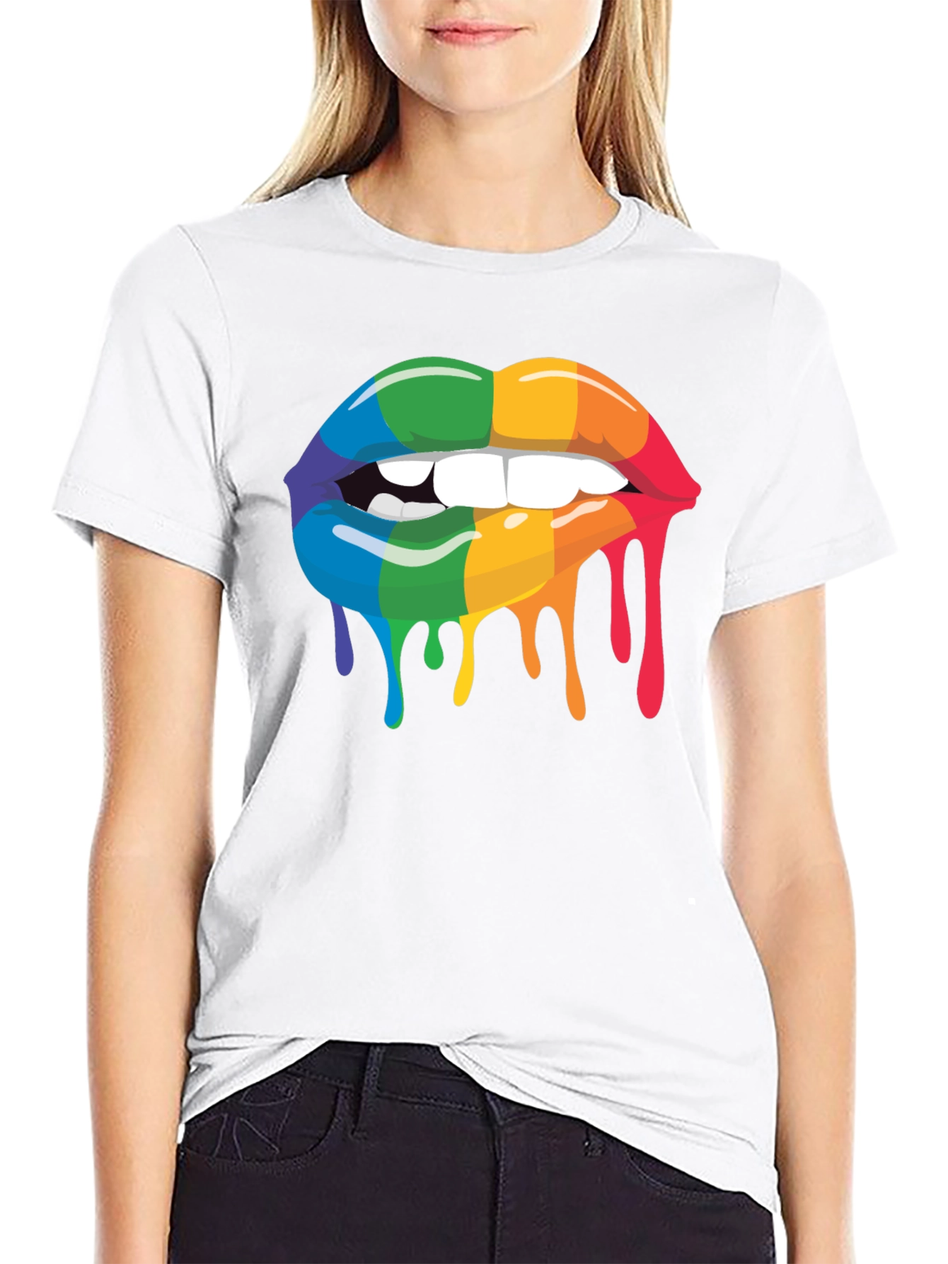 Black Rainbow Lips Graphic Tee - Black Cotton Blend view 9