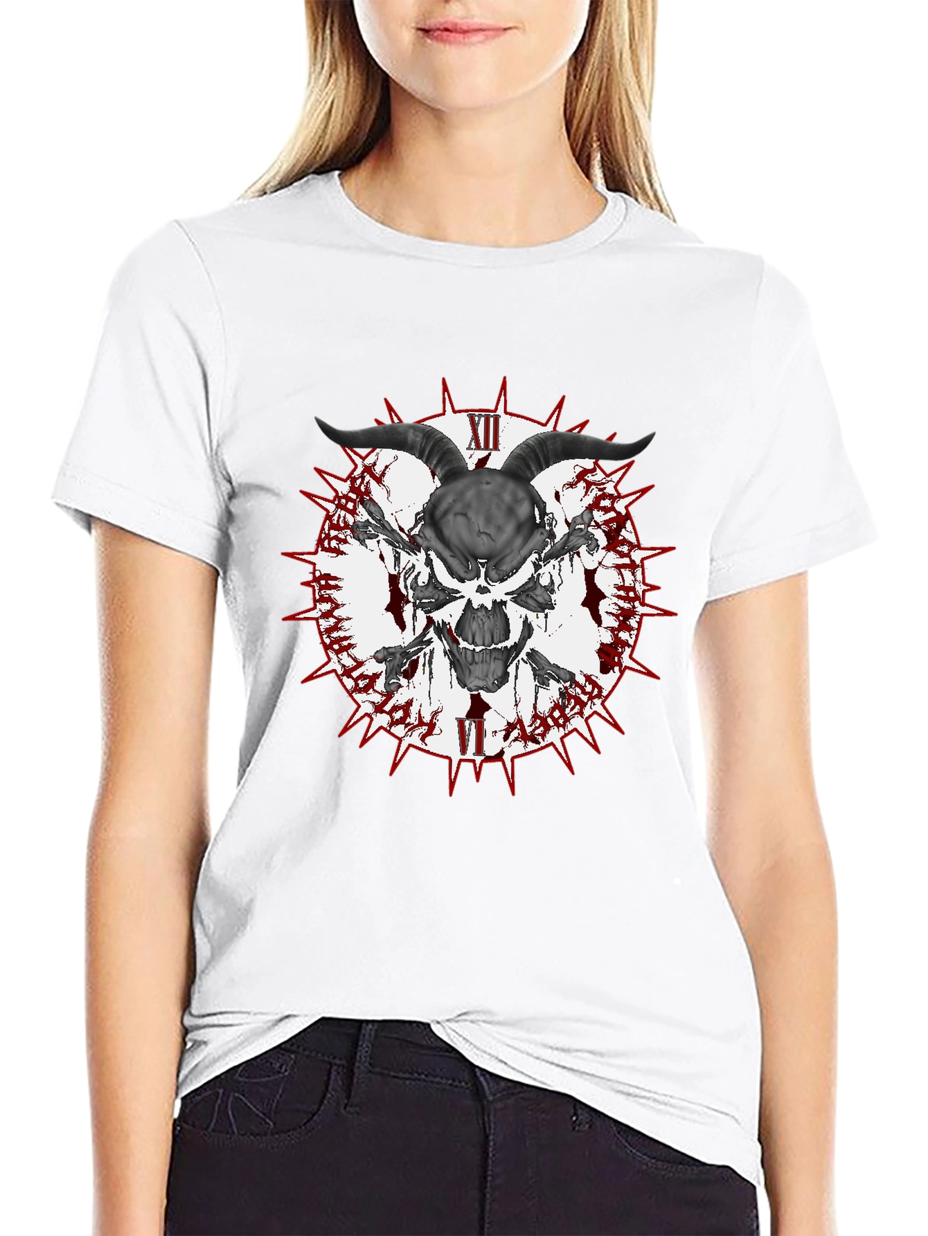 Black Skull Horns Crossbones Graphic T-Shirt - Men's Black Tee view 9