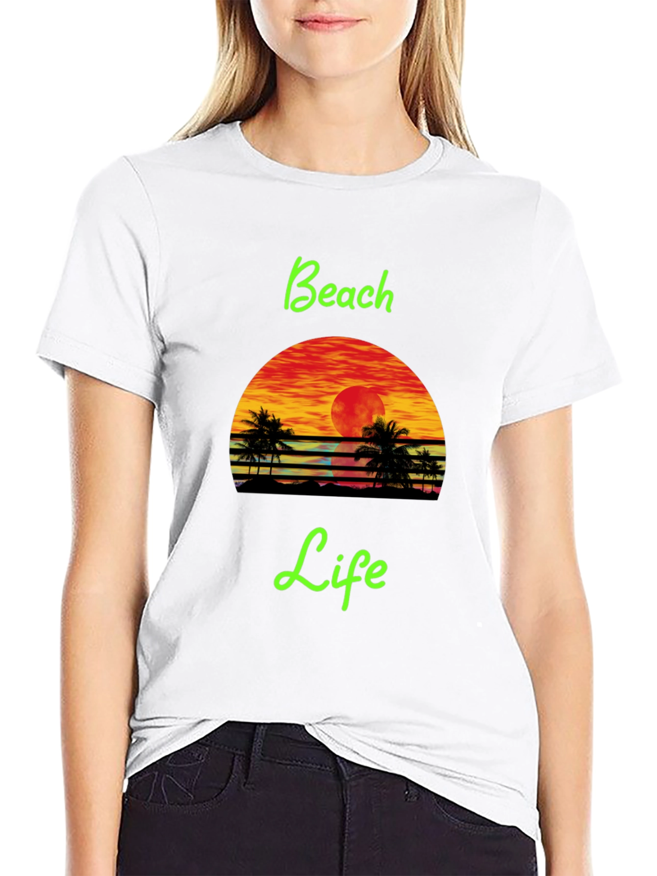 Black Beach Life Black T-Shirt Retro Sunset Palm Tree Design view 9