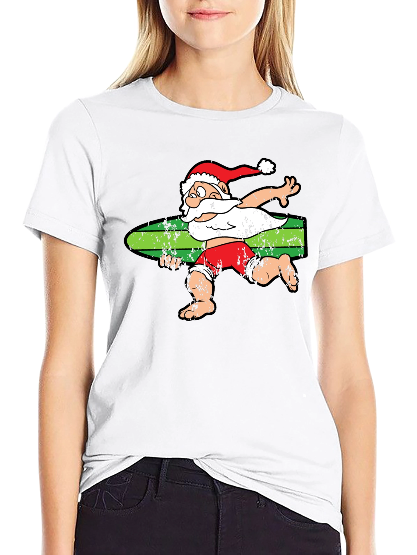 Black Surfing Santa T-Shirt - Christmas Holiday Tee view 9