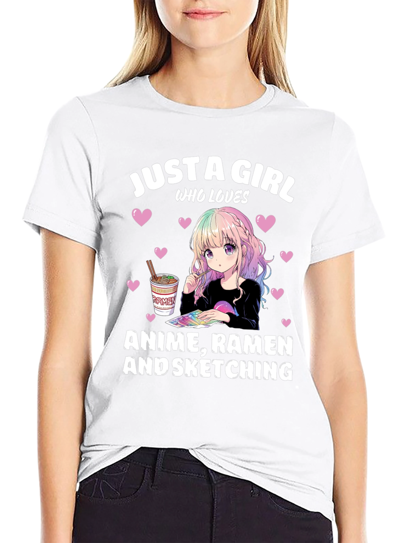 Black Anime Ramen Sketching Girl's T-Shirt view 9