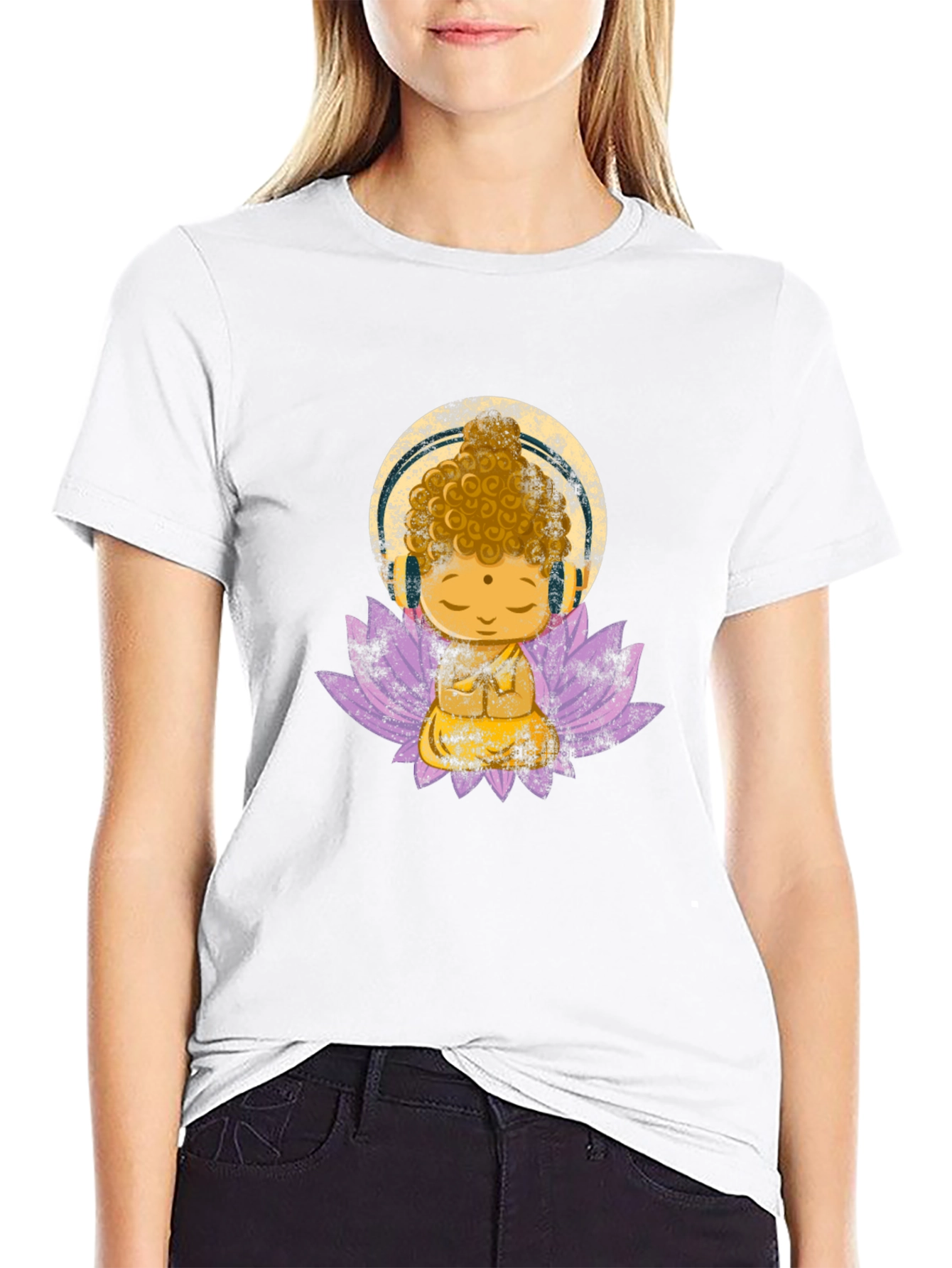 Black Buddha with Headphones Graphic Tee view 9
