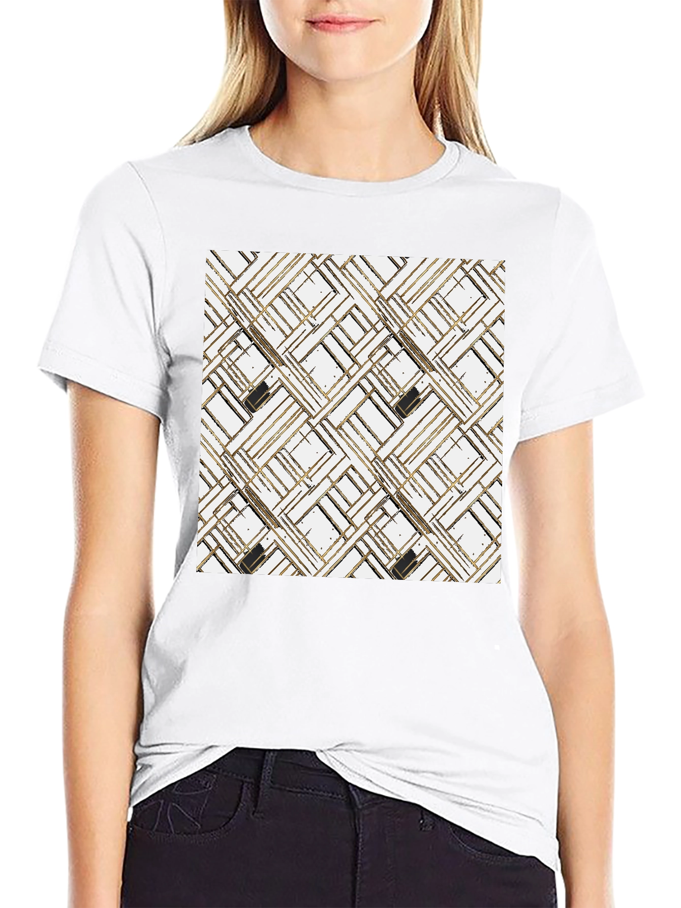 Black Modern Geometric Pattern T-Shirt view 9