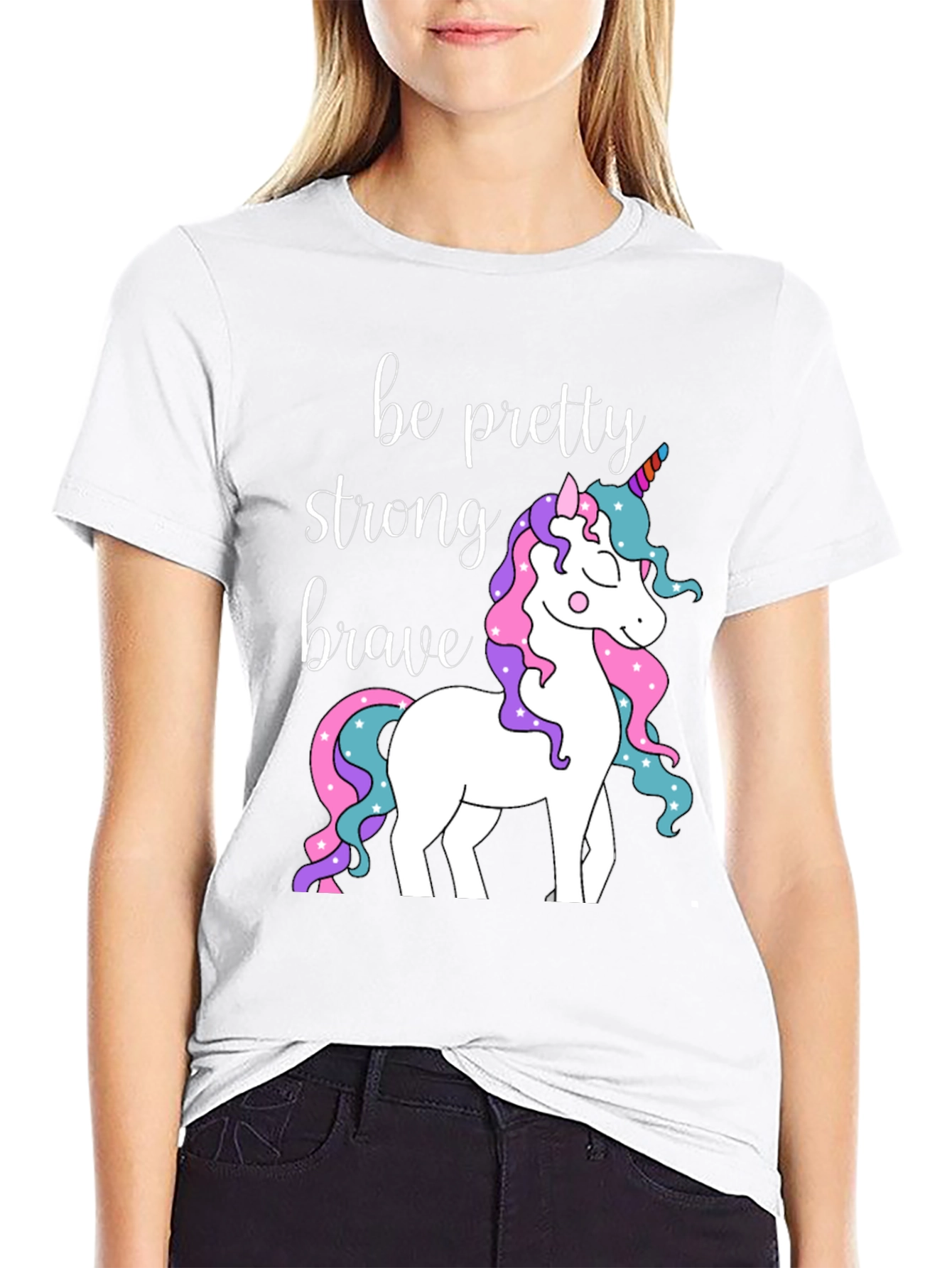 Black Be Pretty Strong Brave Unicorn Graphic T-Shirt view 9