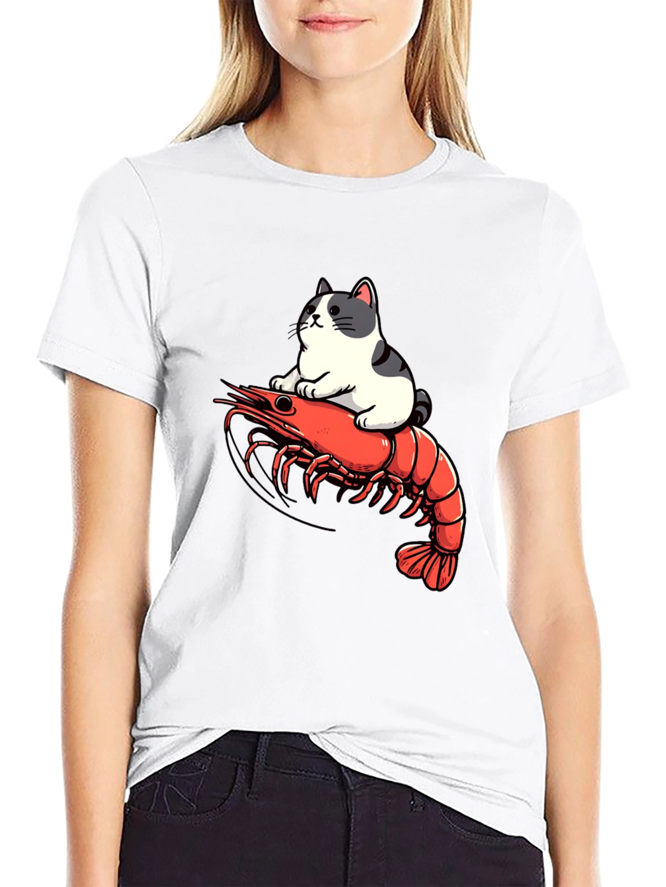 Black Cat Riding Shrimp T-Shirt - Funny Graphic Tee view 9