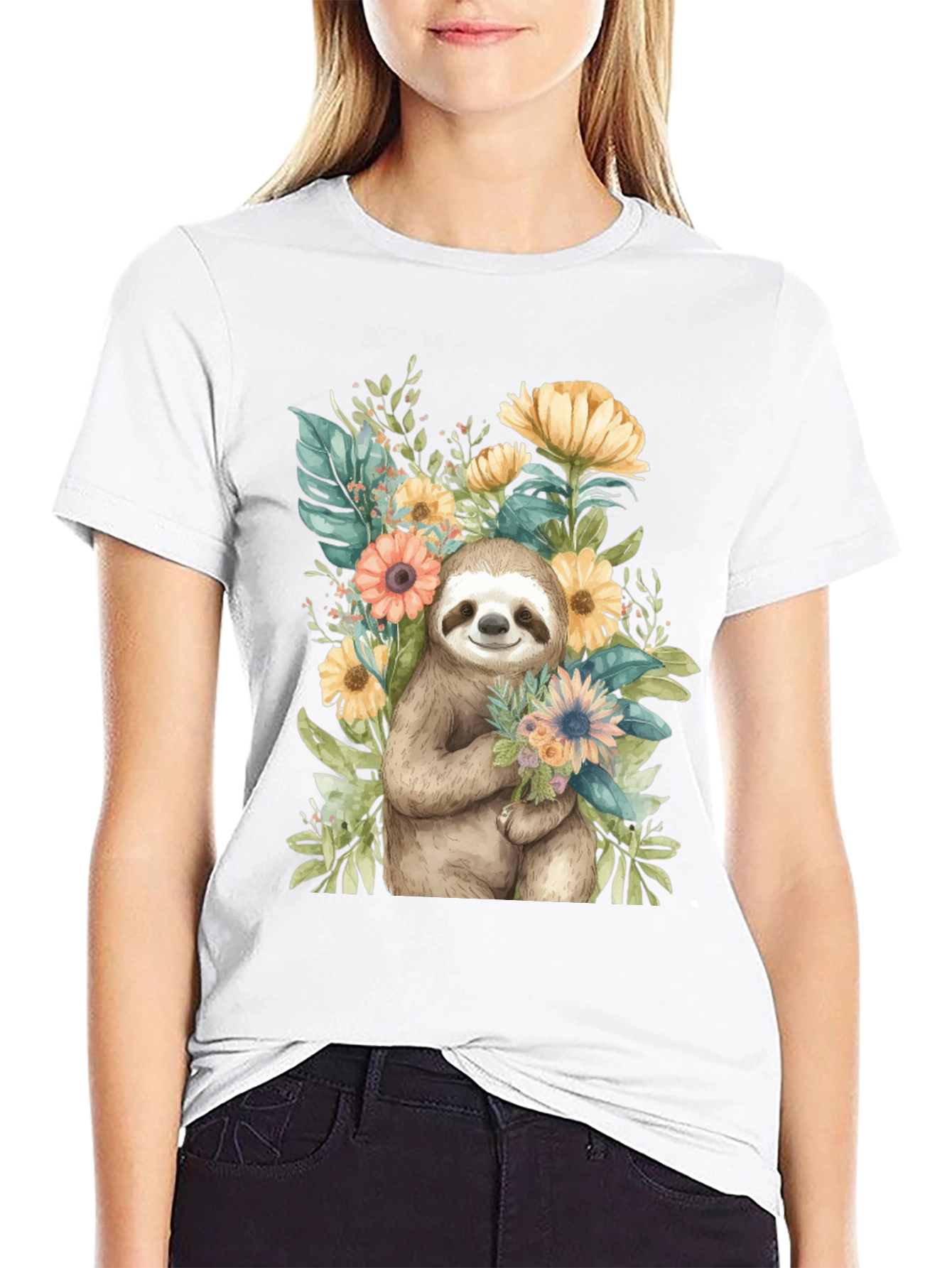 Black Sloth & Floral Graphic Tee view 9