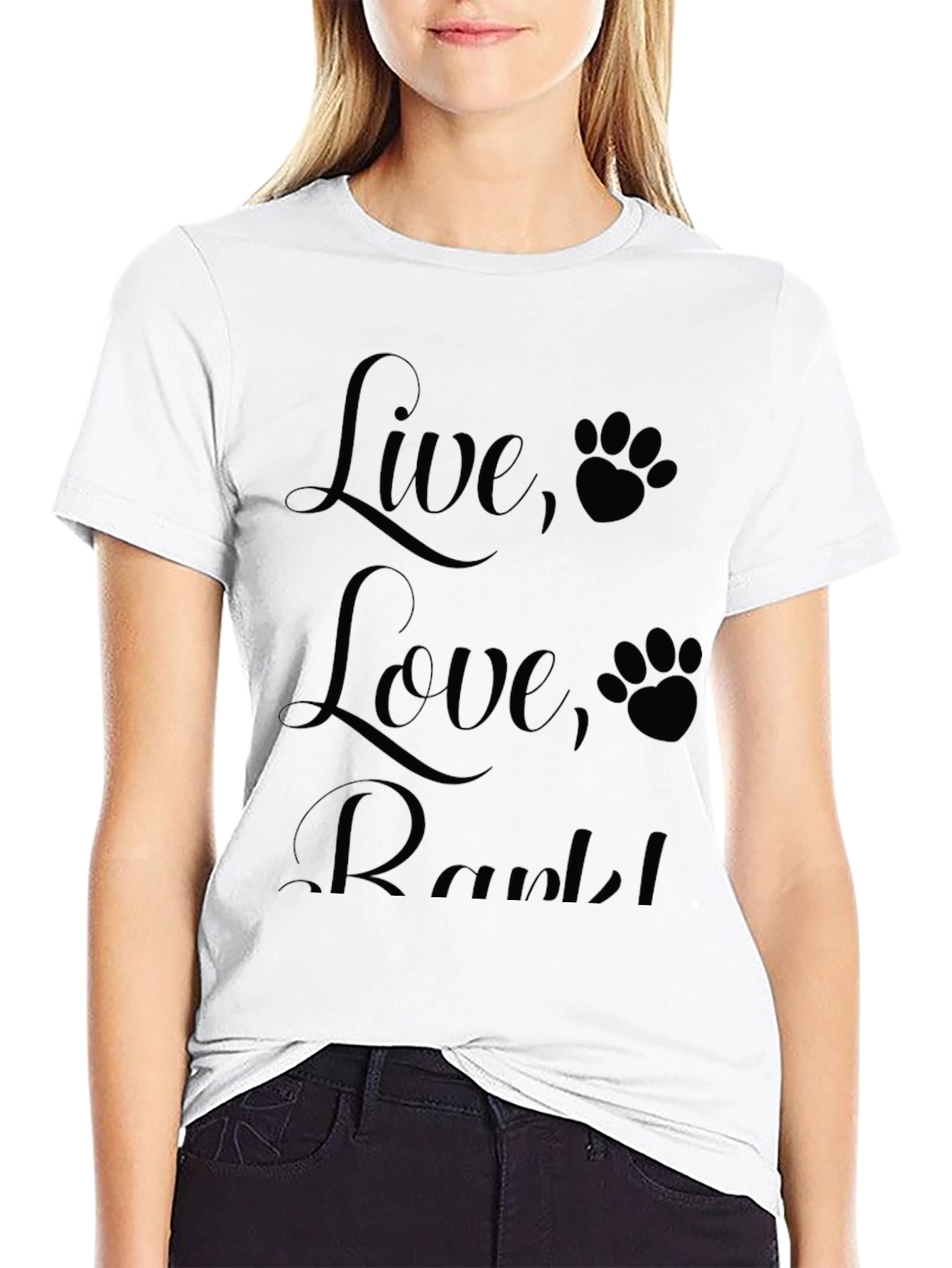Black Live, Love, Rark! Black T-Shirt with Paw Prints view 9