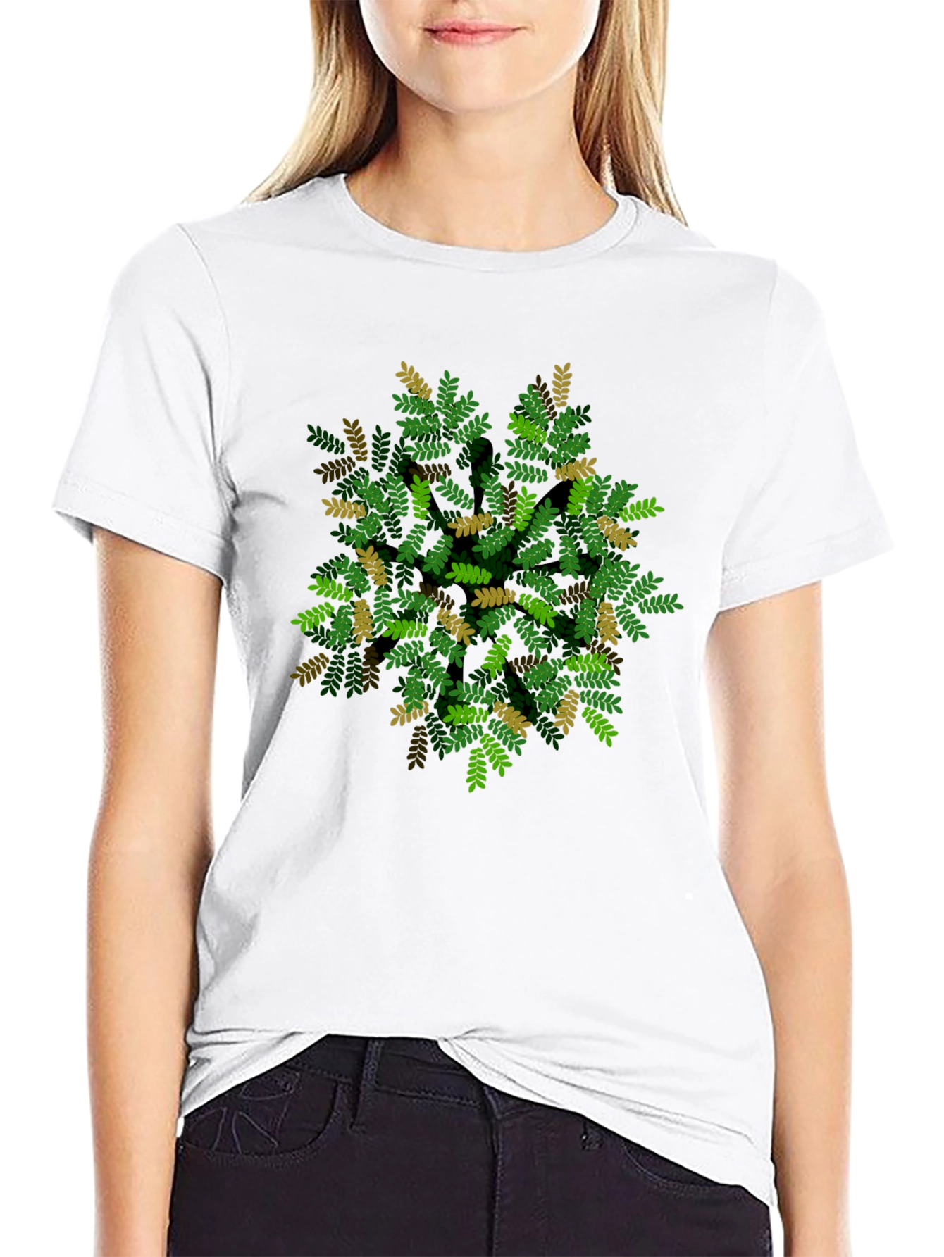 Black Leaf Pattern Black T-Shirt - Nature Inspired Design view 9