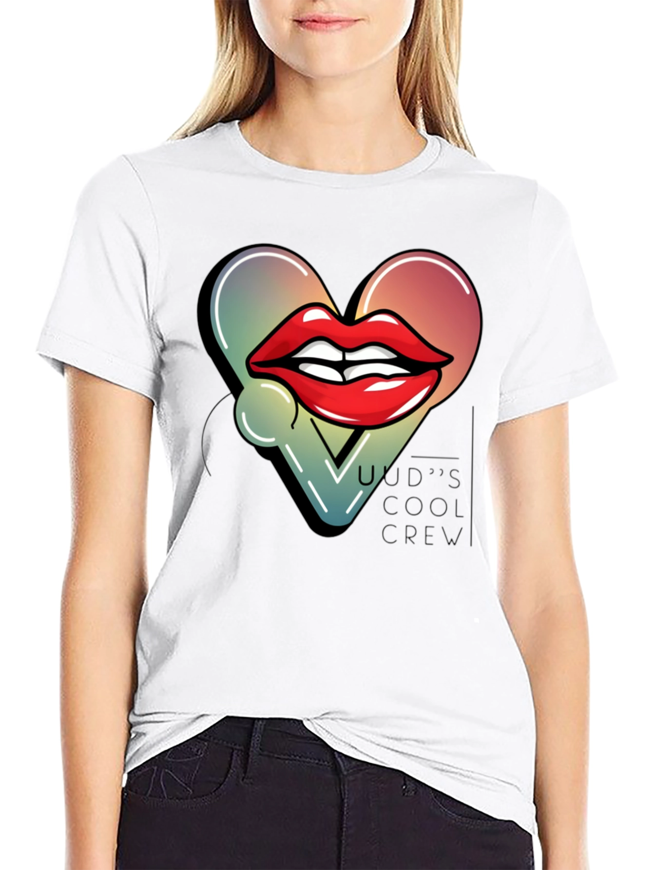 Black Trendy Lips Heart Graphic Black T-Shirt view 9