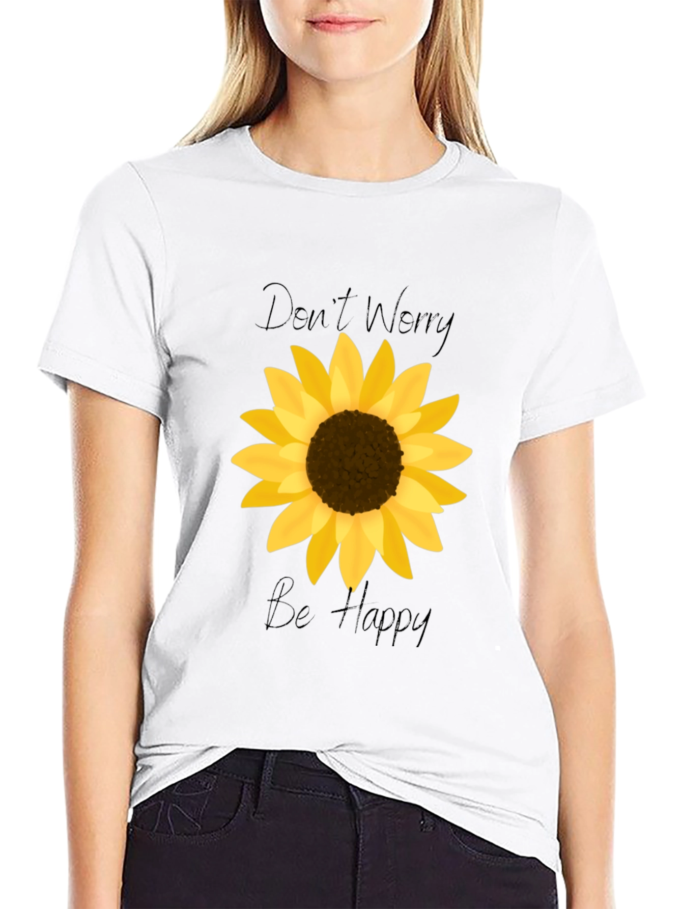 Black Don't Worry Be Happy Sunflower Graphic Tee view 9