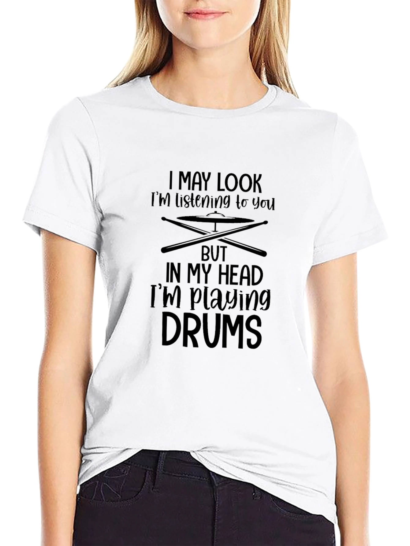 Black Funny Drummer T-Shirt - I May Look Listening To You view 9