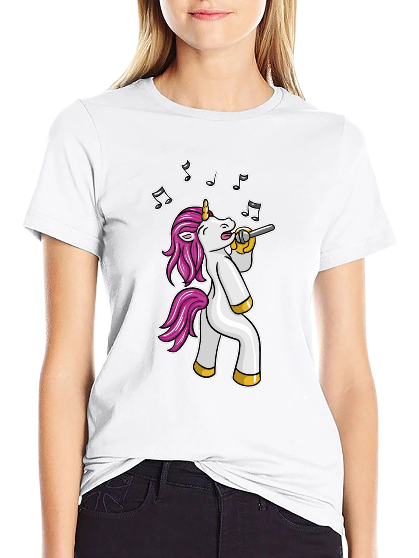 Black Singing Unicorn Black T-Shirt - Cartoon Animal Tee view 9