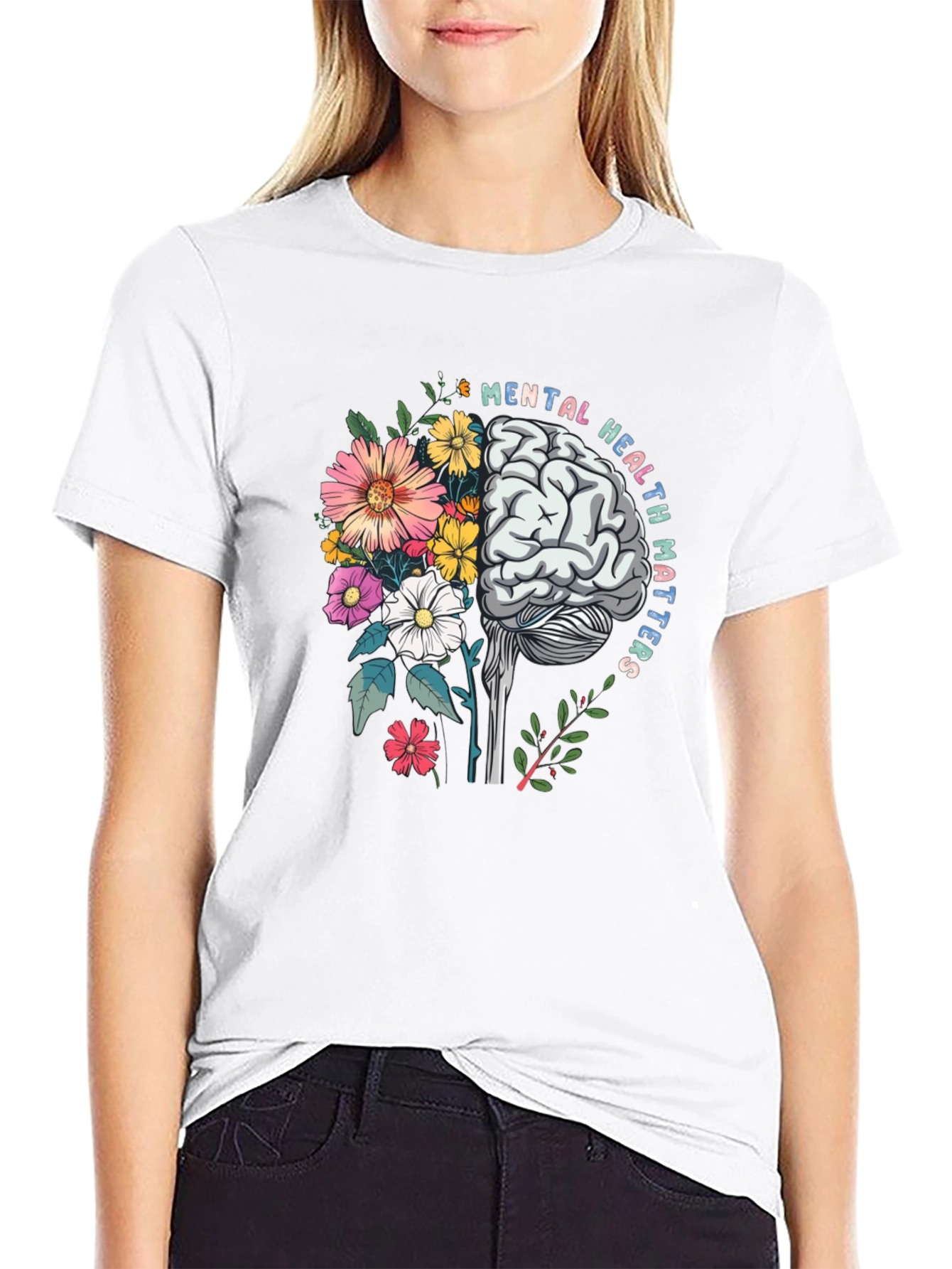 Black Mental Health Matters T-Shirt Brain Flowers Graphic view 9