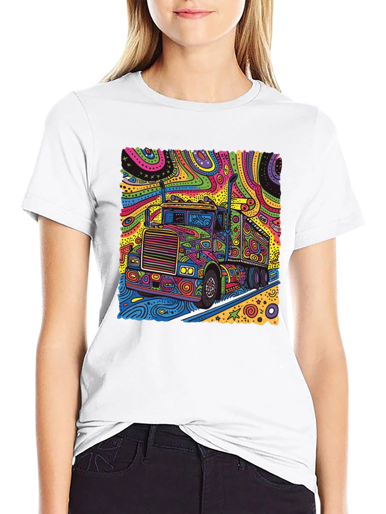Black Psychedelic Truck T-Shirt - Colorful Semi Truck Design view 9