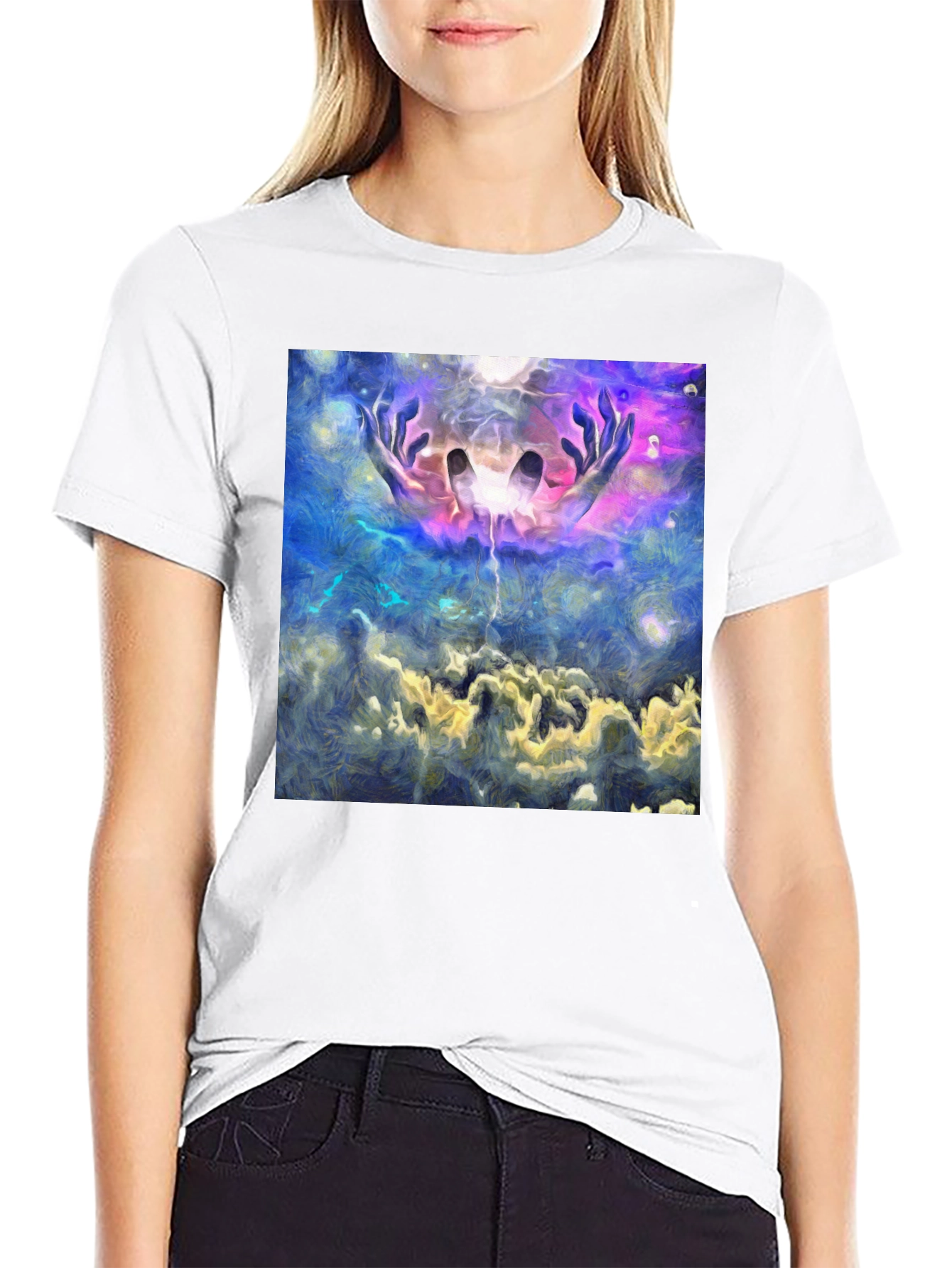 Abstract Hands in Sky Graphic Black T-Shirt - 9