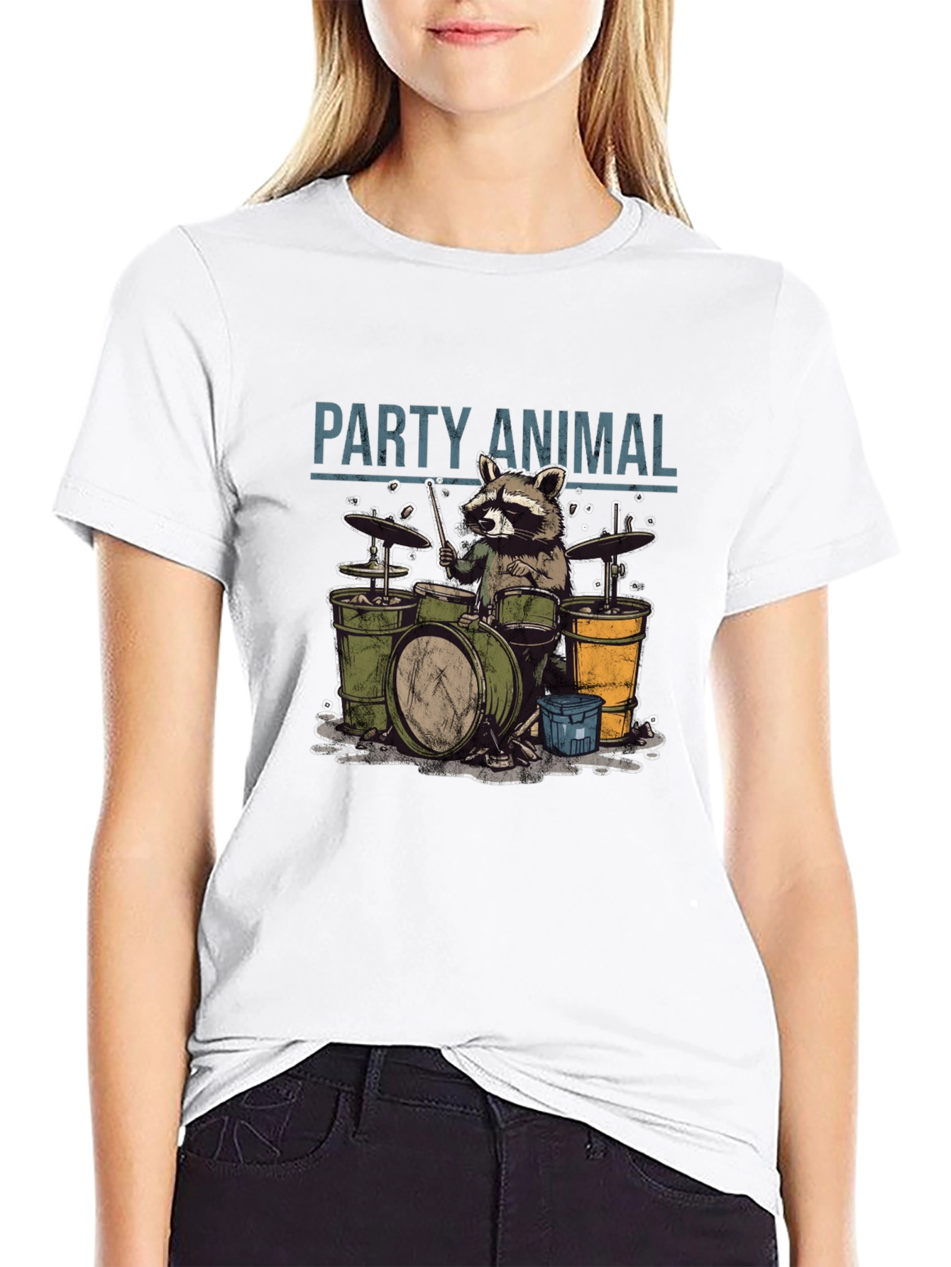 Black Party Animal Raccoon Drummer Graphic T-Shirt view 9