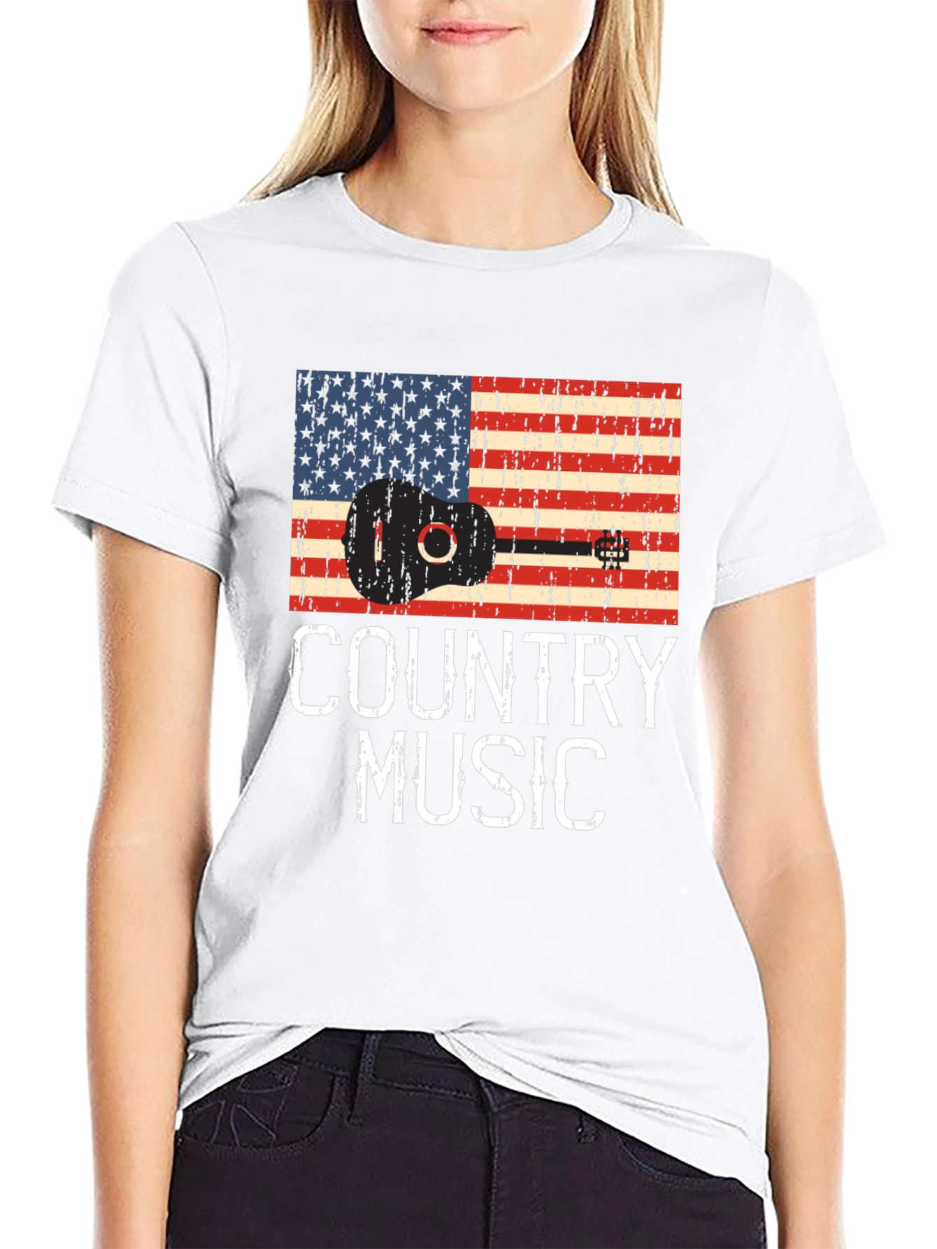 Black Country Music Guitar American Flag T-Shirt view 9