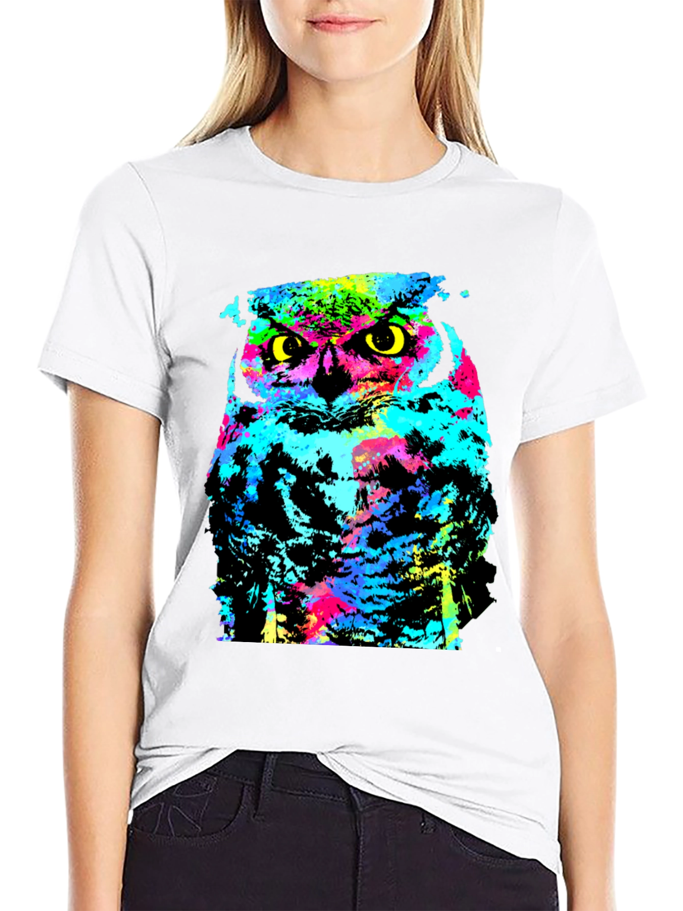 Black Colorful Owl Graphic Print Black T-Shirt view 9