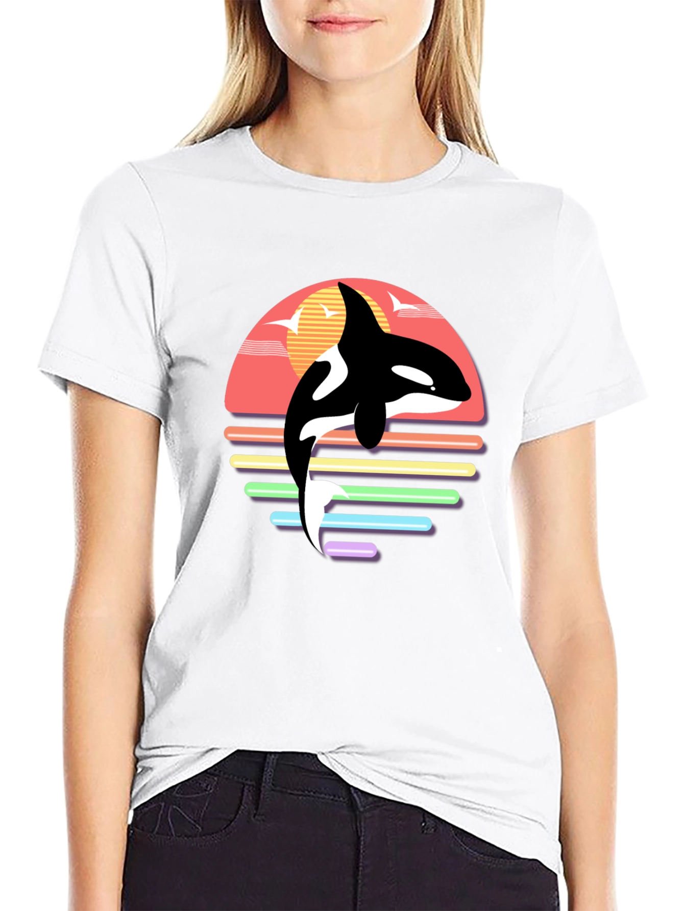 Black Retro Orca Whale Sunset Graphic T-Shirt view 9