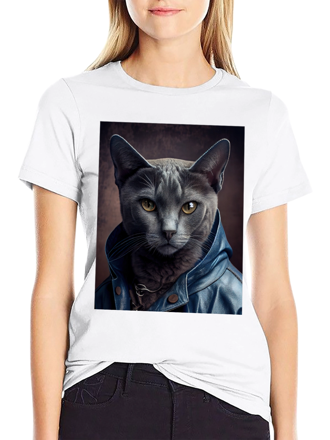 Black Cat in Leather Jacket Graphic Tee view 9