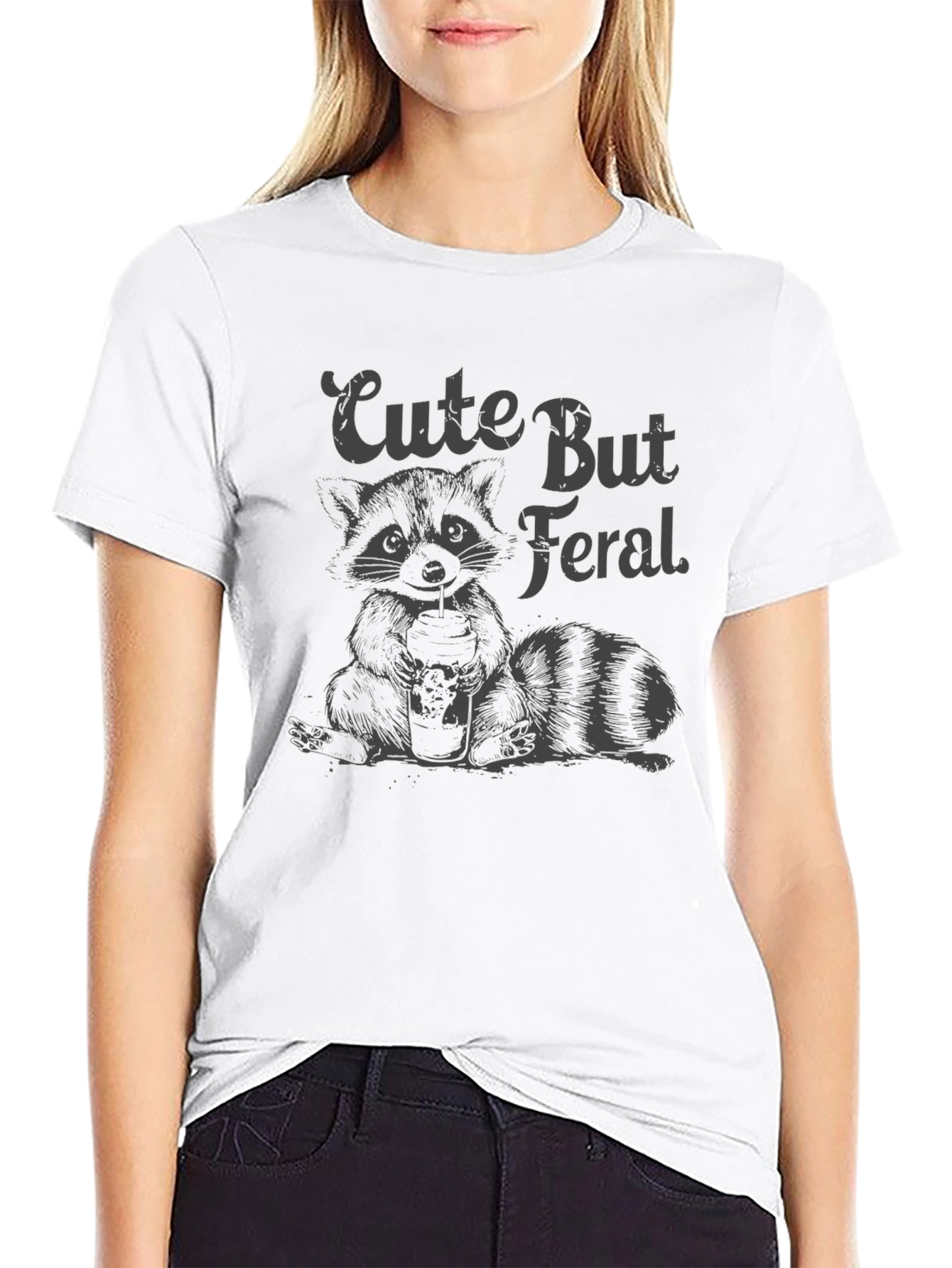 Black Cute But Feral Raccoon Graphic T-Shirt view 9