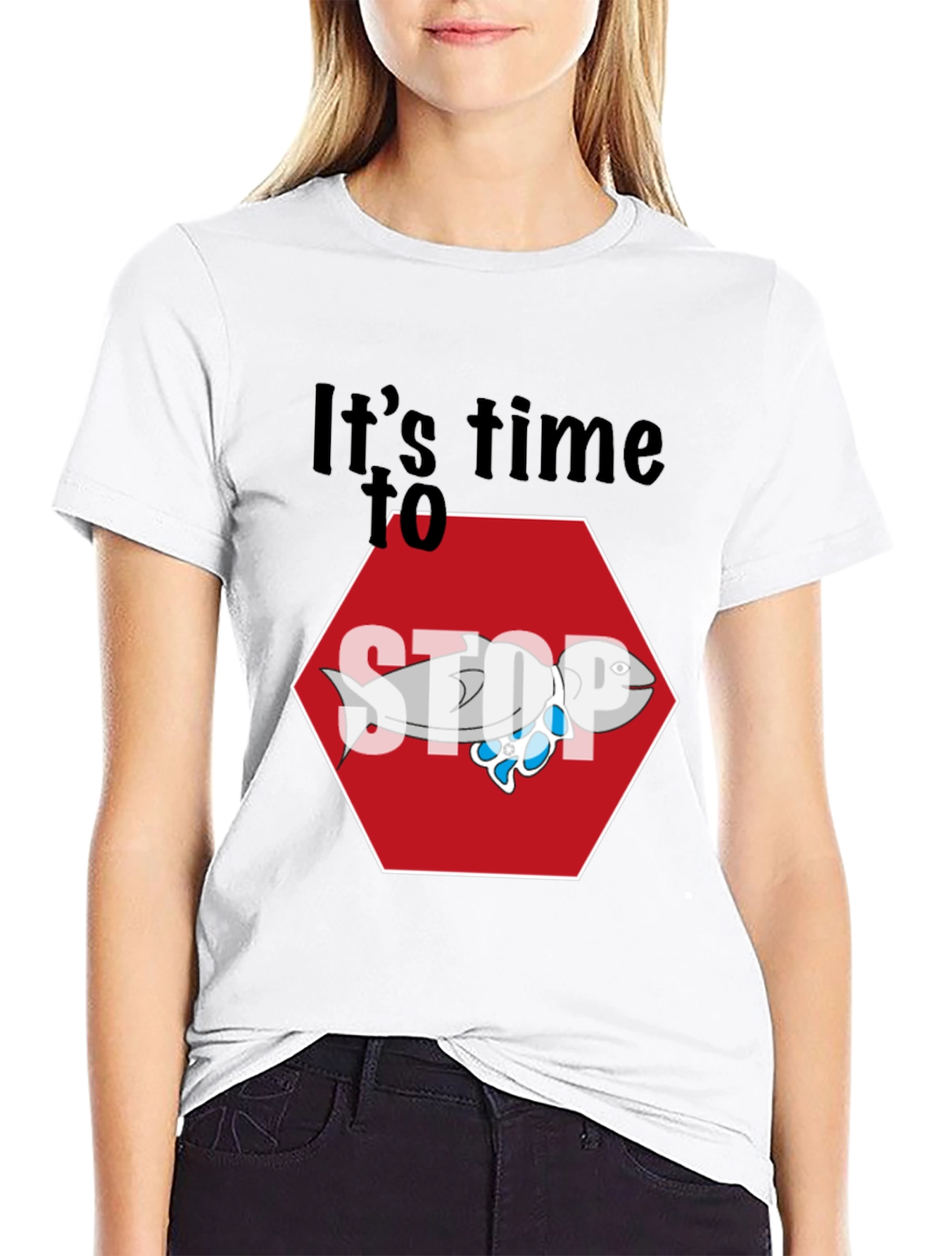 Black It's Time to STOP Fish Stop Sign Graphic Tee view 9