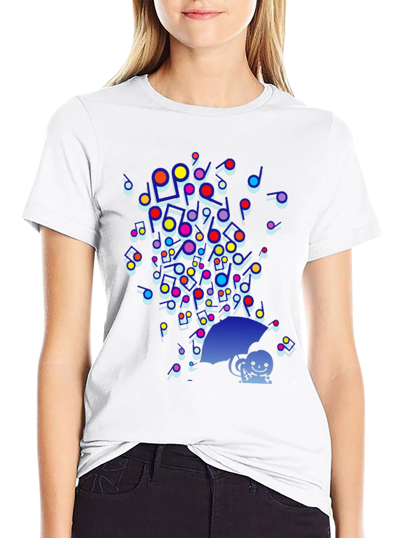 Black Colorful Music Notes Umbrella Graphic Tee - Funky Casual Style view 9